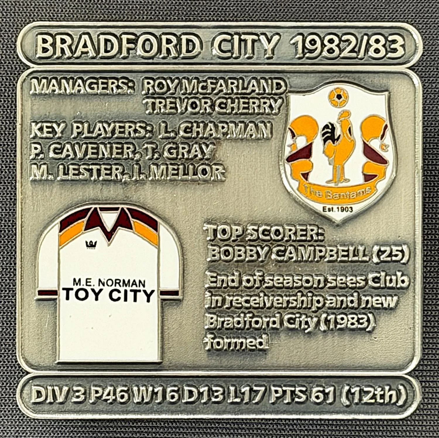 Reference Number: BCDEC169
Size: H 41.1 mm x W 42 mm
Pin Type: Double Metal Clutch
Plating: Antique Silver
Value: £8
Manufacturer: Historic Sports Badges Ltd
Comments: 1982/83 Season