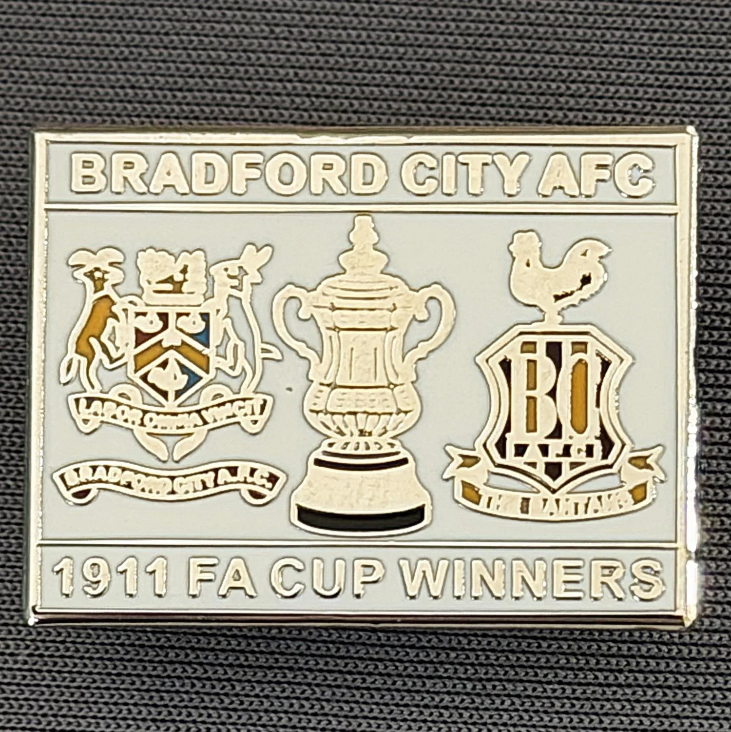 Reference Number: BCFAC039
Size: H 20.4 mm x W 26.8 mm
Pin Type: Metal Clutch
Plating: Silver
Value: £5
Manufacturer: Dan Lloyd
Comments: Bradford City 1911 F.A. Cup Winners, White Version