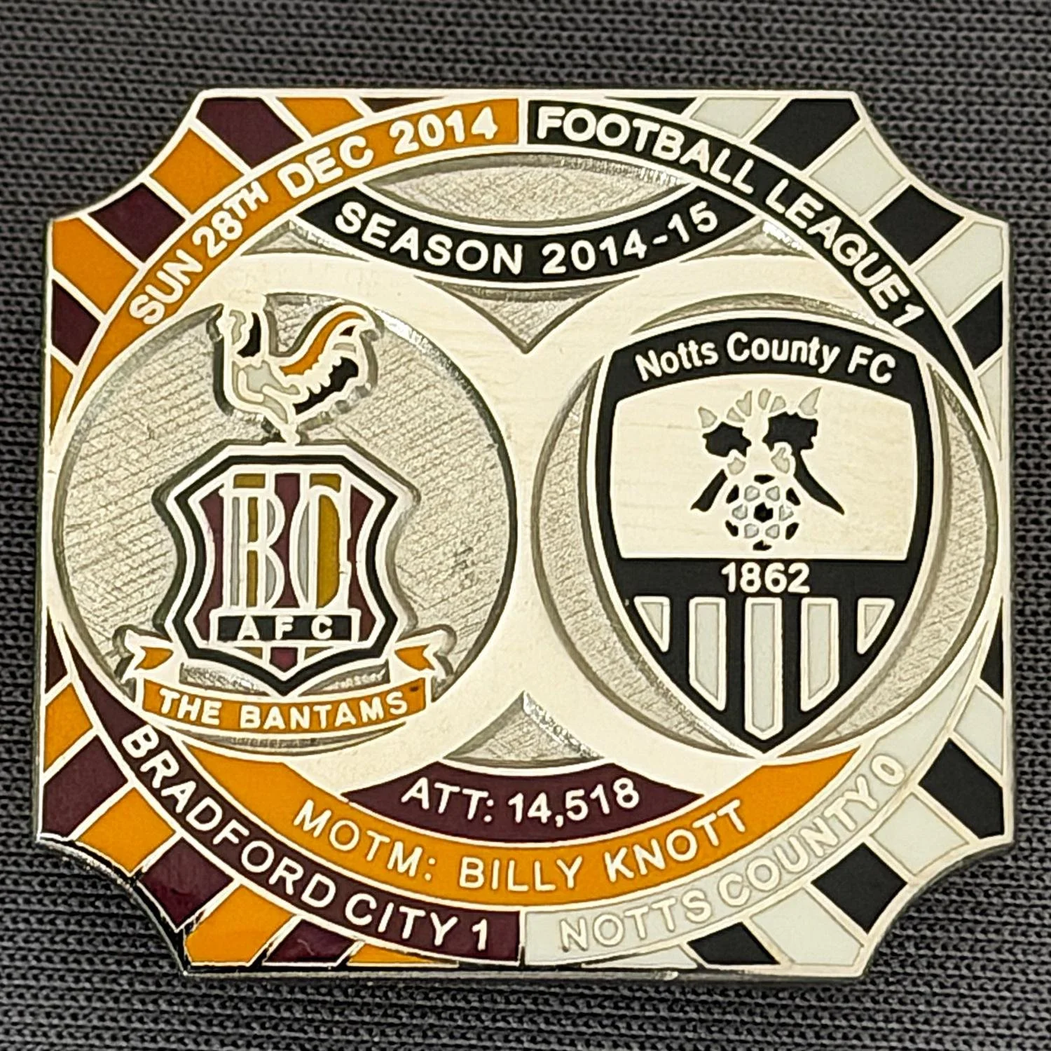 Reference Number: BCFIX287
Size: H 26.8 mm x W 28.8 mm
Pin Type: Brooch Pin
Plating: Nickel
Value: £10
Manufacturer: Bradford City Badges
Comments: Bradford City v Notts County 2014/15, Limited Edition of 10 Badges (Nickel Version)