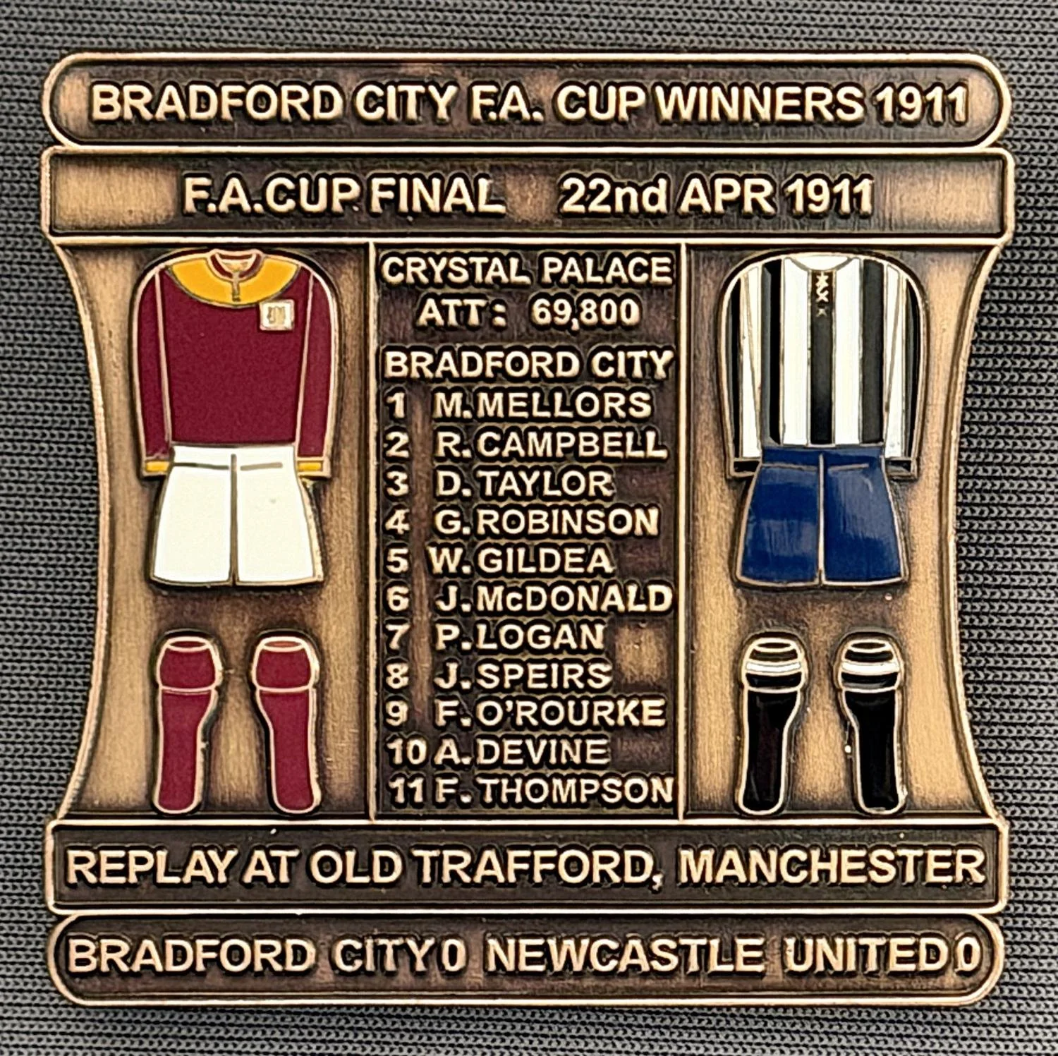 Reference Number: BCFAC015
Size: H 41.8 mm x W 42.2 mm
Pin Type: Double Metal Clutch
Plating: Antique Gold
Value: £15
Manufacturer: Bradford City Badges
Comments: 1911 F.A. Cup Final v Newcastle United, Limited Edition of 1