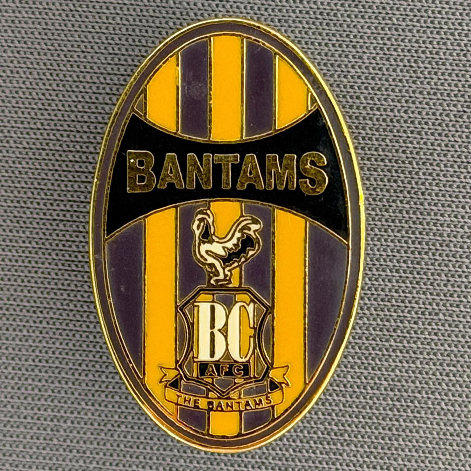 Reference Number: BCC&L013
Size: H 24.9 mm x W 15.8 mm
Pin Type: Metal Clutch
Plating: Gold
Value: £8
Manufacturer: Unknown
Comments: Oval Claret & Amber City  Logo