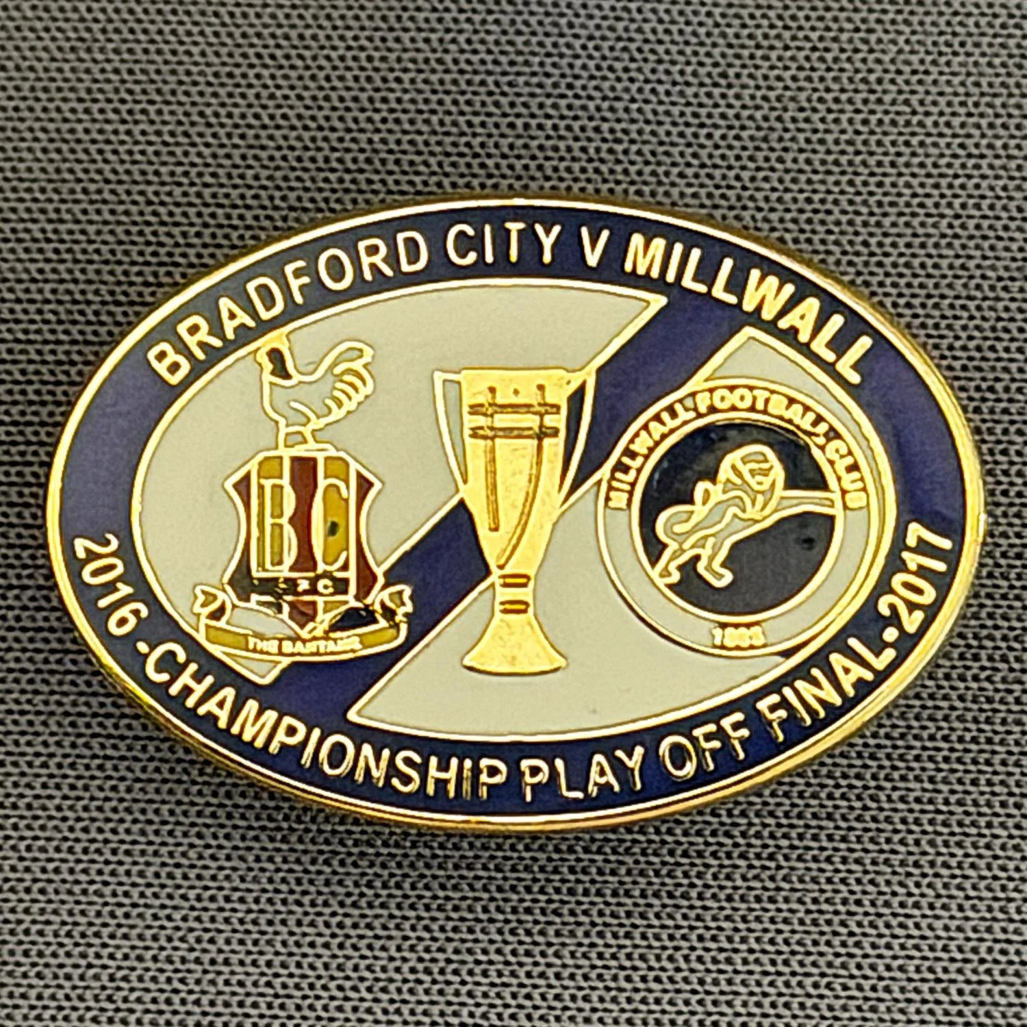 Reference Number: BCOFIX043
Size: H 17.9 mm x W 26 mm
Pin Type: Rubber Clutch
Plating: Gold
Value: £6
Manufacturer: Tricky's Pins
Comments: Play Off Final City v Millwall 2017, Blue & White Version