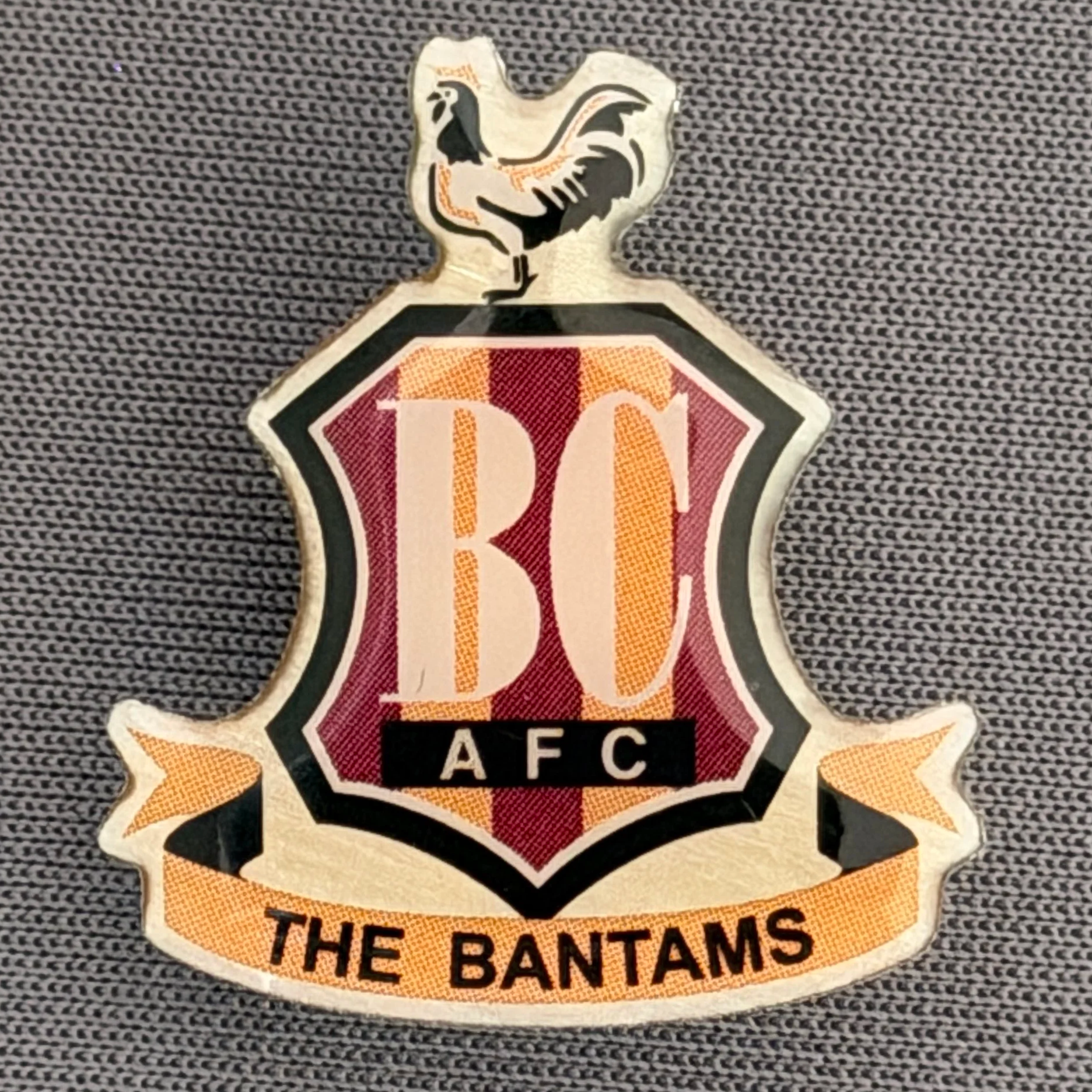 Reference Number: BCC&L086
Size: H 24.7 mm x 22.3  mm
Pin Type: Metal Clutch
Plating: Brushed Silver
Value: £8
Manufacturer: Unknown
Comments: Classic BCAFC Logo Plastic Domed