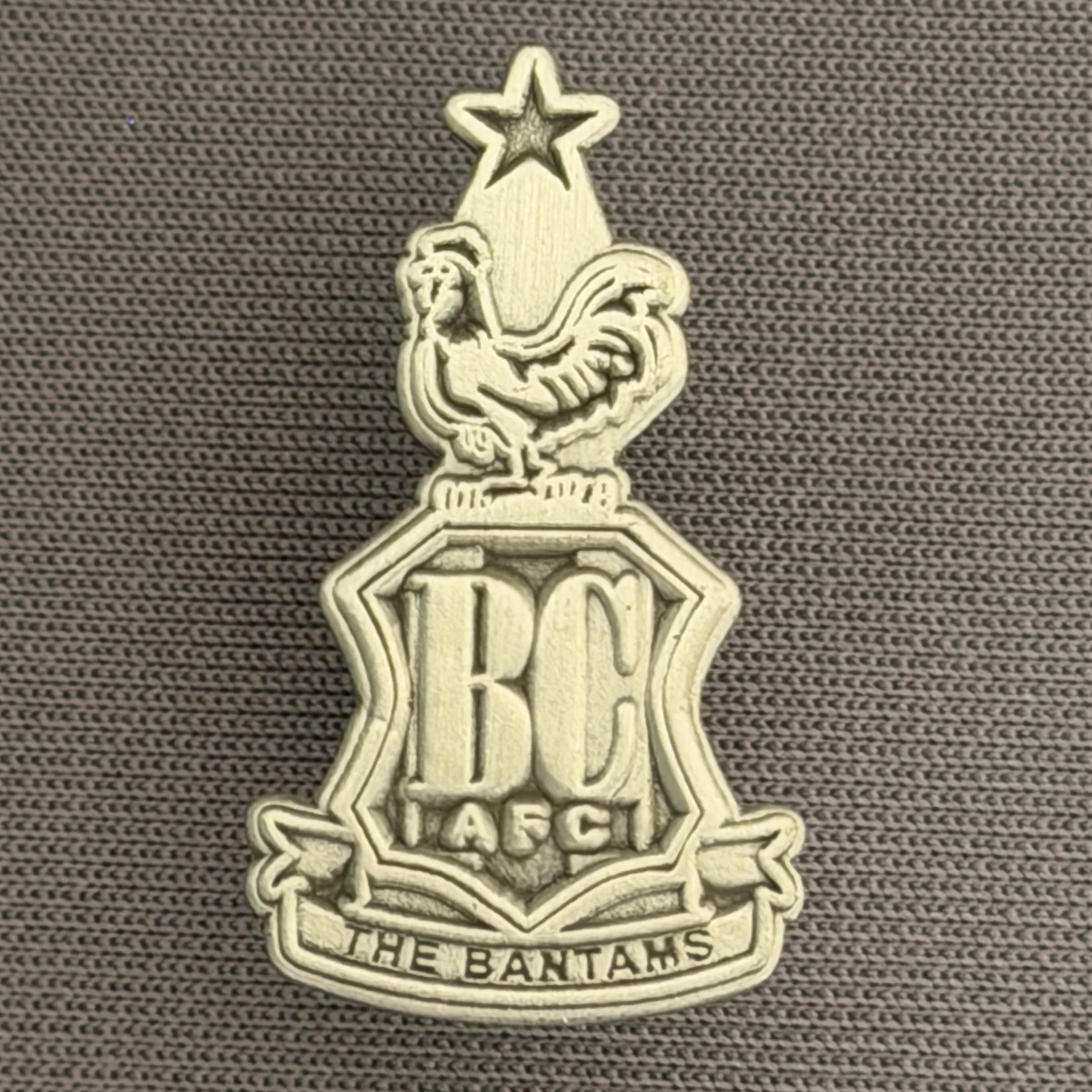 Reference Number: BCC&L091
Size: H 25.2 mm x 14.2  mm
Pin Type: Metal Clutch
Plating: Antique Silver
Value: £8
Manufacturer: Unknown
Comments: Classic BCAFC Logo