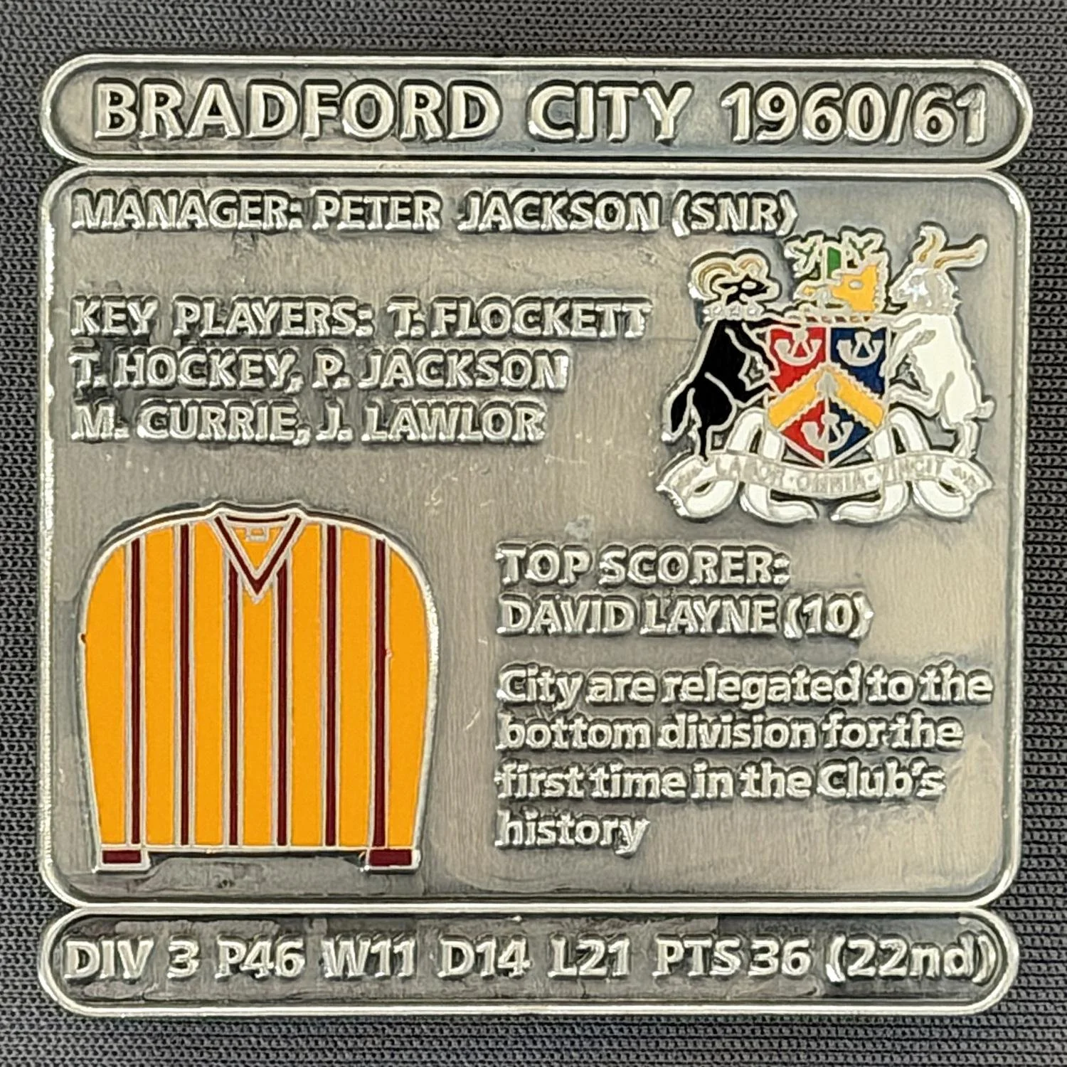 Reference Number: BCDEC127
Size: H 41.1 mm x W 42 mm
Pin Type: Double Metal Clutch
Plating: Antique Silver
Value: £8
Manufacturer: Historic Sports Badges Ltd
Comments: 1960/61 Season