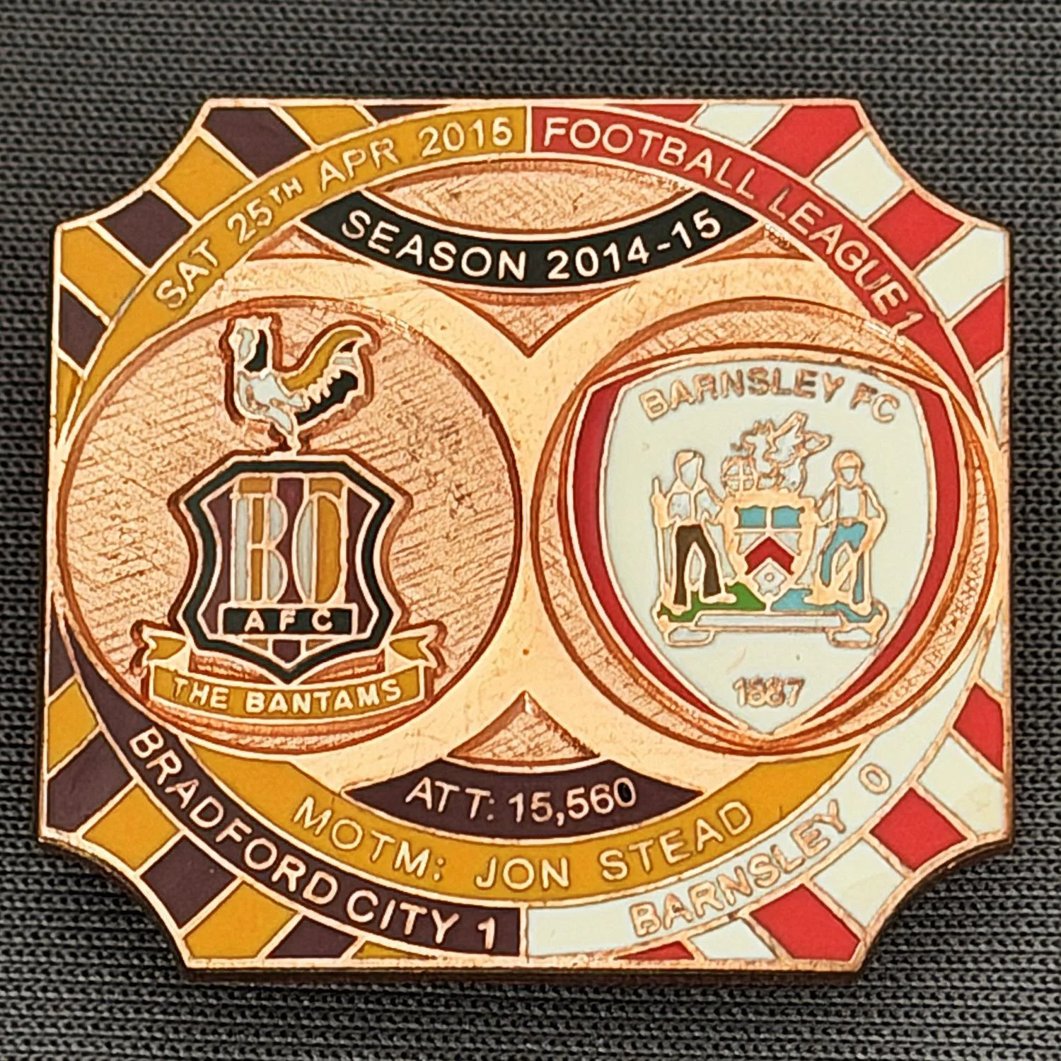Reference Number: BCFIX322
Size: H 26.8 mm x W 28.8 mm
Pin Type: Brooch Pin
Plating: Copper
Value: £12
Manufacturer: Bradford City Badges
Comments: Bradford City v Barnsley  2014/15, Limited Edition of 1 Badge (Copper Version)