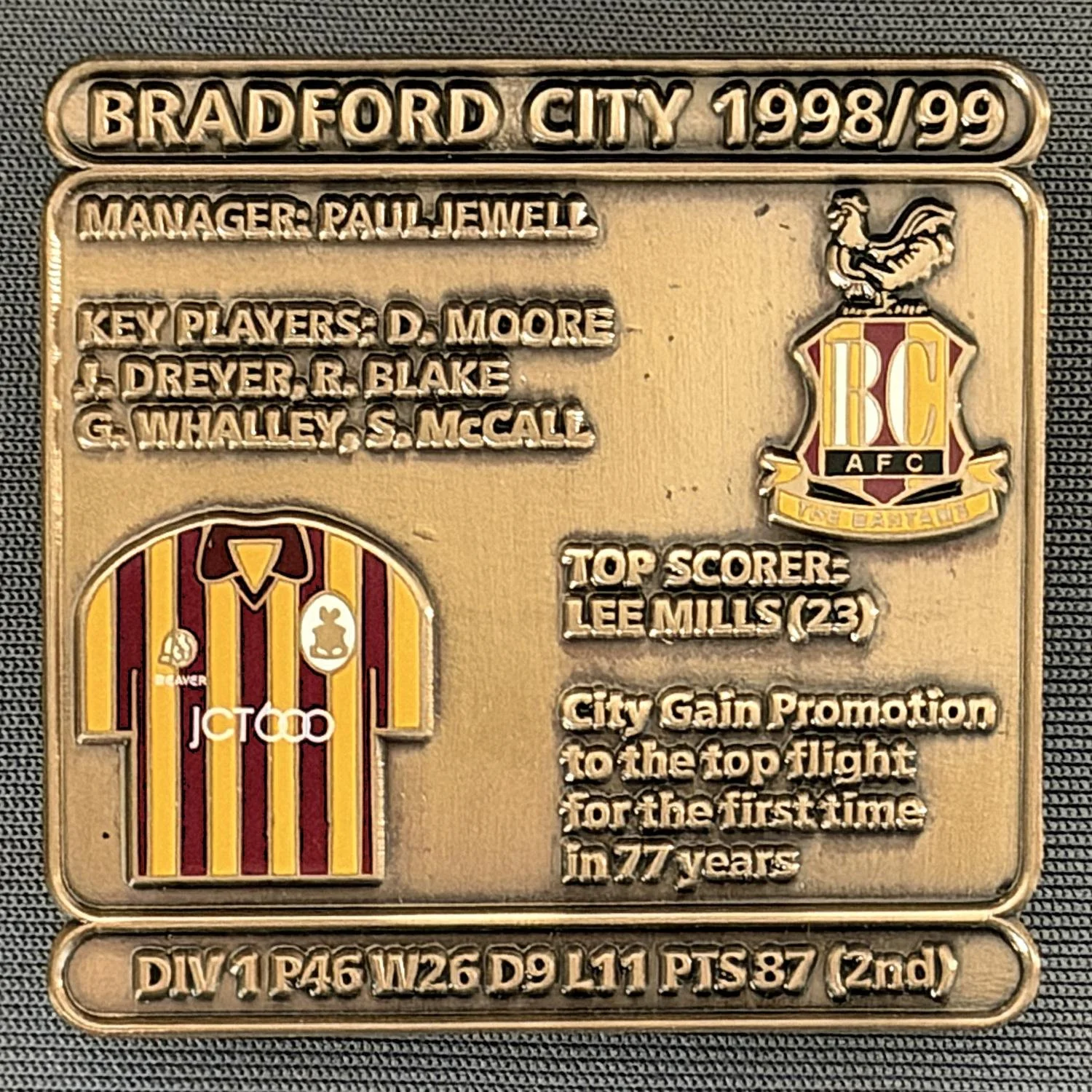 Reference Number: BCDEC185
Size: H 41.1 mm x W 42 mm
Pin Type: Double Metal Clutch
Plating: Antique Gold
Value: £10
Manufacturer: Bradford City Badges
Comments: Bradford City Decade Badge Gaining Promotion to the Premier League 1999