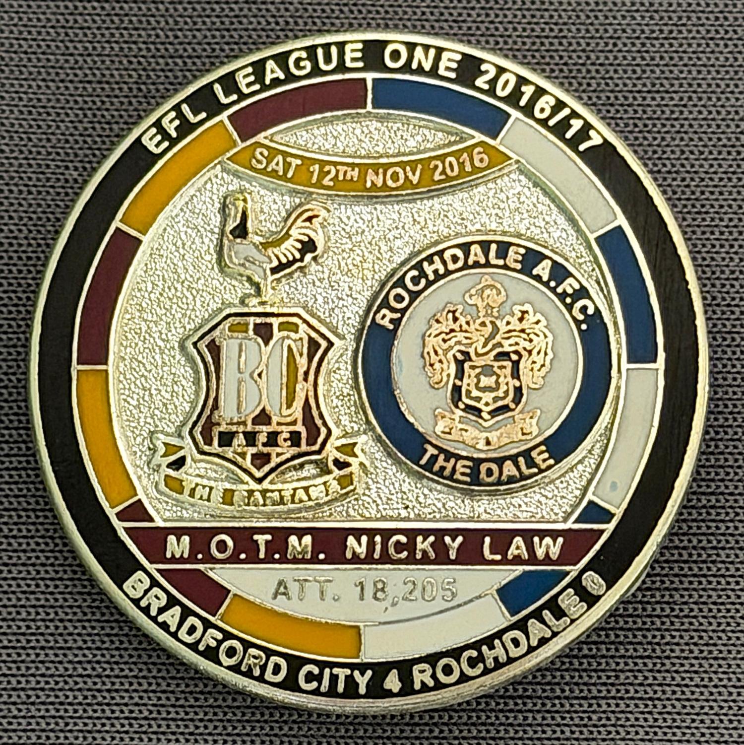 Reference Number: BCFIX400
Size: D 29.4 mm
Pin Type: Brooch Pin
Plating: Nickel
Value: £10
Manufacturer: Bradford City Badges
Comments: Bradford City v Rochdale 2016/17, Limited Edition of 10 Badges (Nickel Version)