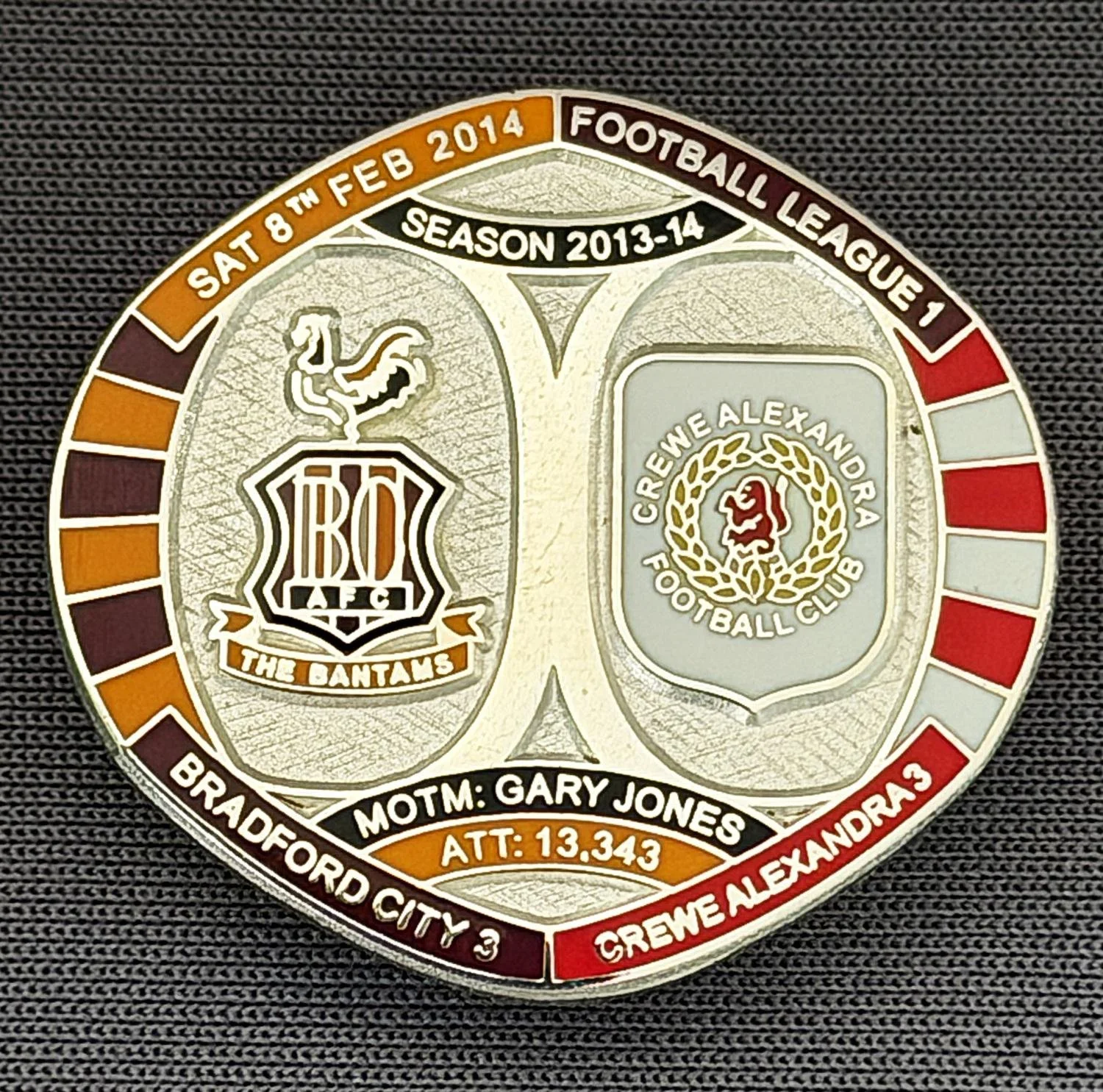 Reference Number: BCFIX222
Size: H 26.3 mm x W 28.9 mm
Pin Type: Brooch Pin
Plating: Silver
Value: £10
Manufacturer: Bradford City Badges
Comments: Bradford City v Crewe Alexandra  2013/14 Limited Edition 10 Badges (Silver Version)
