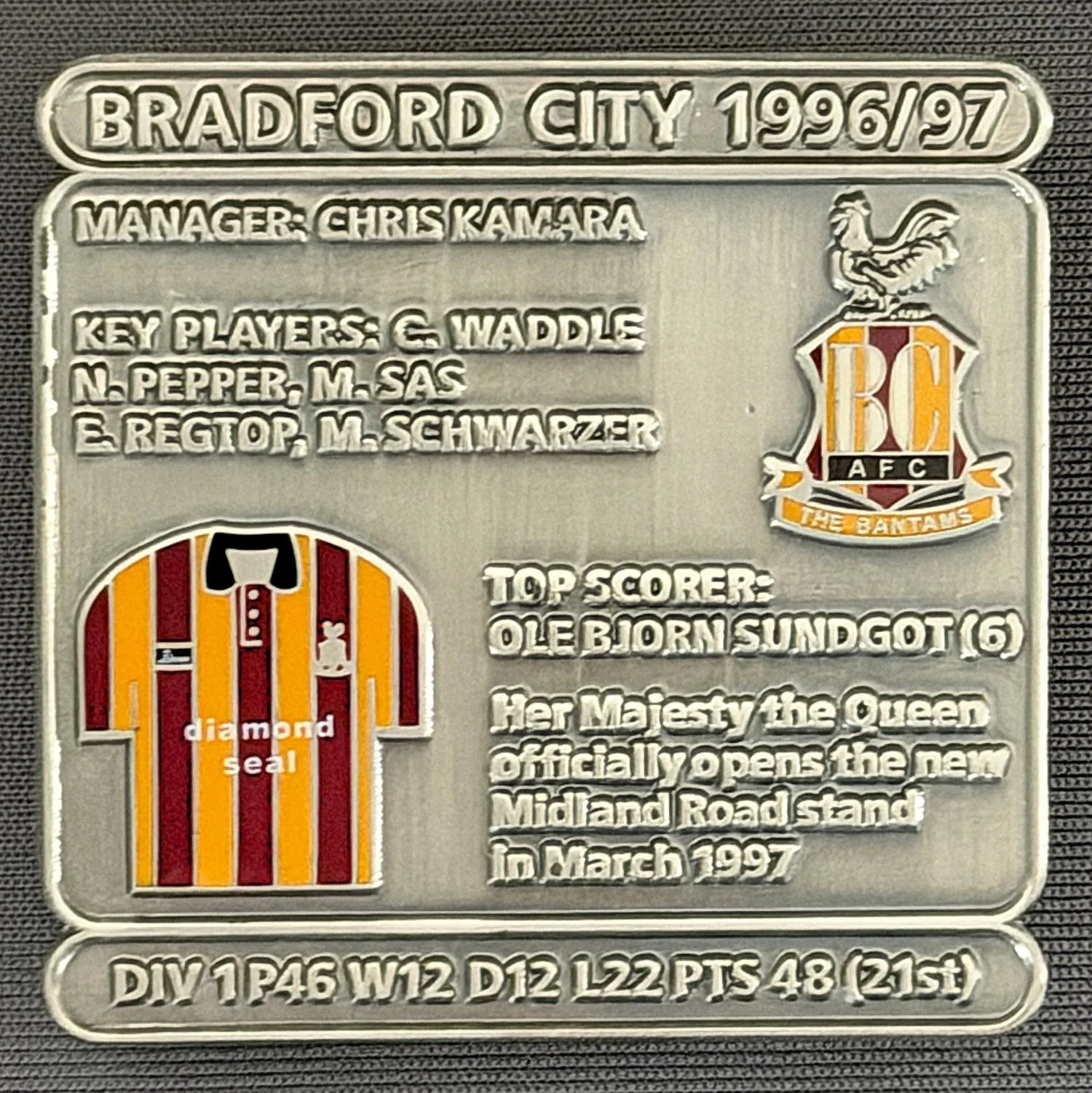 Reference Number: BCDEC193
Size: H 41.1 mm x W 42 mm
Pin Type: Double Metal Clutch
Plating: Antique Silver
Value: £8
Manufacturer: Historic Sports Badges Ltd
Comments: 1996/97 Season. Queen Opens Midland Road Stand