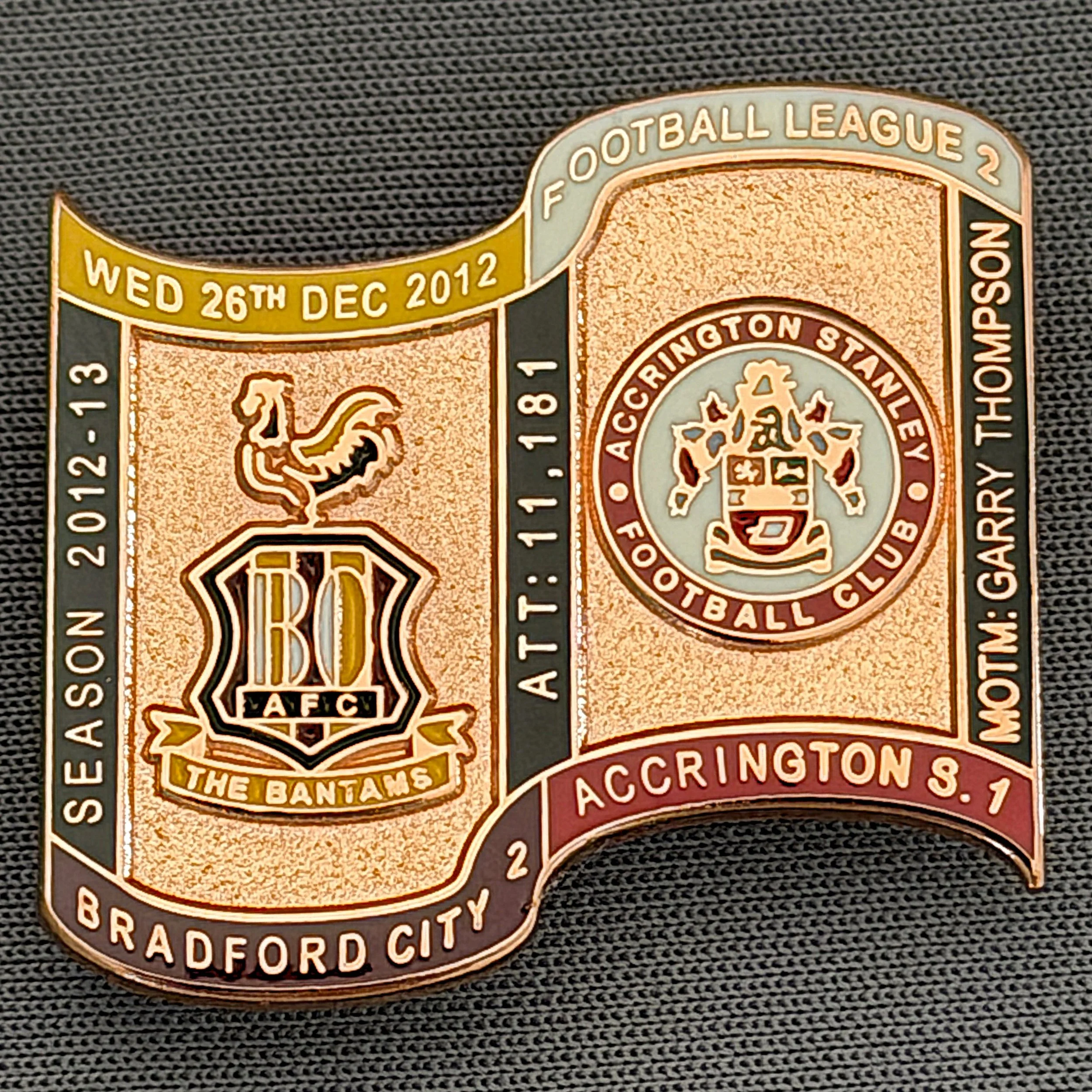 Reference Number: BCFIX173
Size: H 26.9 mm x W 29.2 mm
Pin Type: Brooch Pin
Plating: Copper
Value: £12
Manufacturer: Bradford City Badges
Comments: Bradford City v Accrington Stanley  2012/13 Limited Edition 1 Badge (Copper Version)