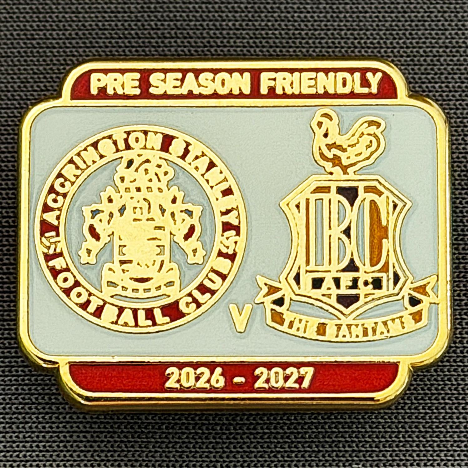 Reference Number: BCOFIX109
Size: H 21.1 mm x W 25.7 mm
Pin Type: Rubber Clutch
Plating: Gold
Value: £5
Manufacturer: Unknown
Comments: Accrington Stanley v Bradford City, Pre Season Friendly 2026/27