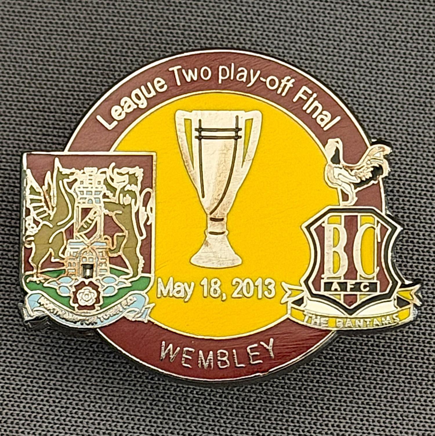 Reference Number: BCOFIX027
Size: H 23.7 mm x W 28.4 mm
Pin Type: Metal Clutch
Plating: Antique Silver
Value: £4
Manufacturer: Dan Lloyd
Comments: League 2 Play Off Final City v Northampton Town 2013, Claret & Amber Version
