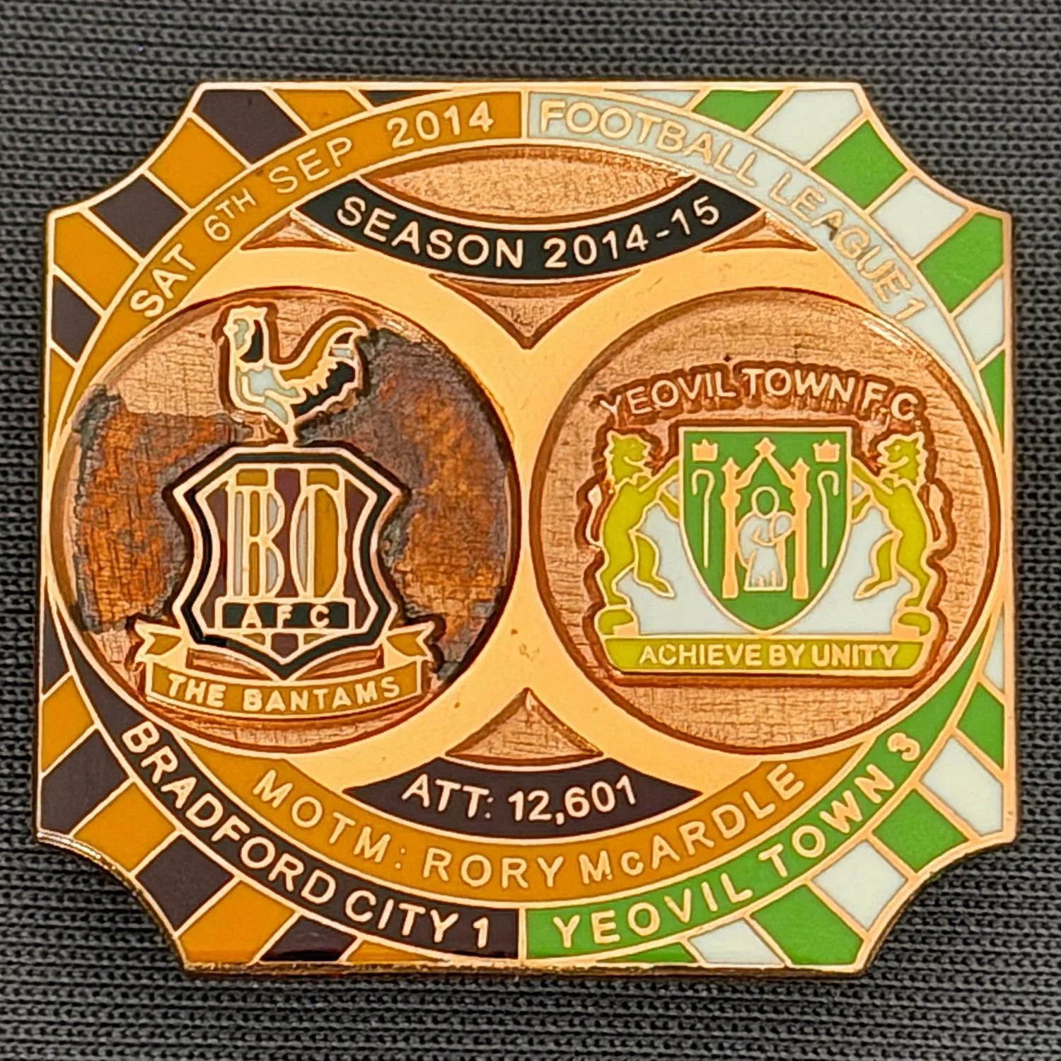 Reference Number: BCFIX302
Size: H 26.8 mm x W 28.8 mm
Pin Type: Brooch Pin
Plating: Copper
Value: £12
Manufacturer: Bradford City Badges
Comments: Bradford City v Coventry City 2014/15, Limited Edition of 1 Badge (Copper Version)