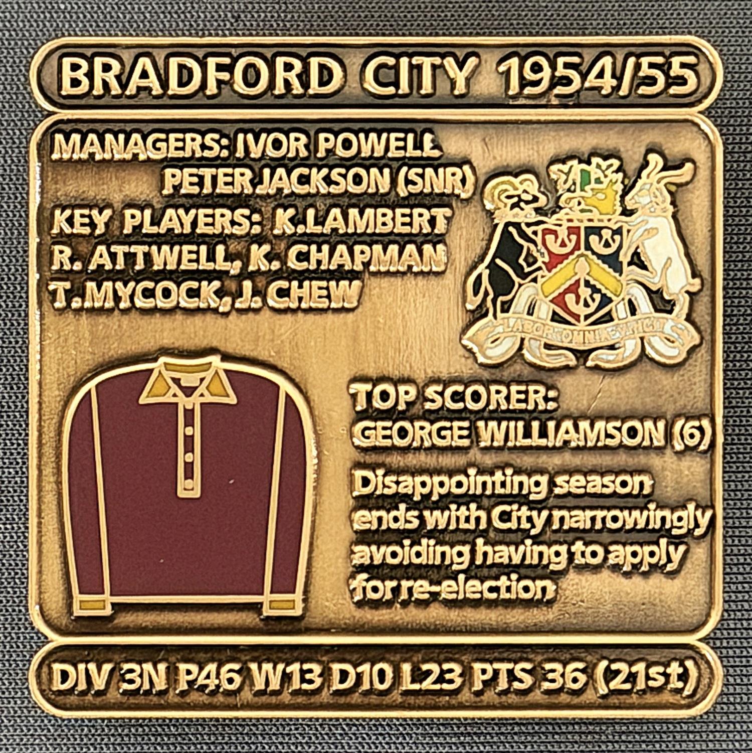 Reference Number: BCDEC101
Size: H 41.1 mm x W 42 mm
Pin Type: Double Metal Clutch
Plating: Antique Gold
Value: £8
Manufacturer: Historic Sports Badges Ltd
Comments: 1954/55 Season