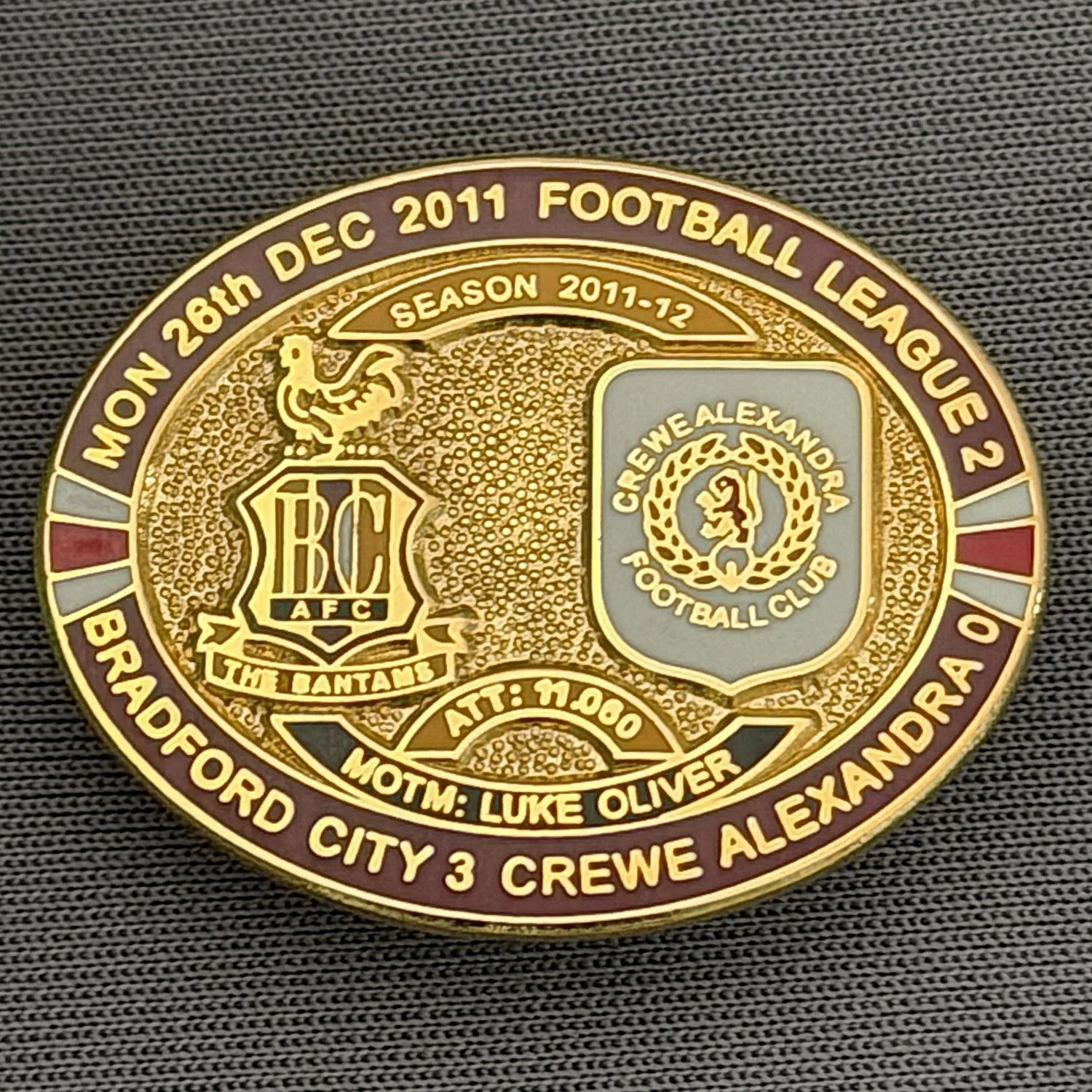 Reference Number: BCFIX080
Size: H 23.6 mm x W 28.7 mm
Pin Type: Brooch Pin
Plating: Gold
Value: £8
Manufacturer: Bradford City Badges
Comments: Bradford City v Crewe Alexandra  2011/12 Limited Edition 80 Badges