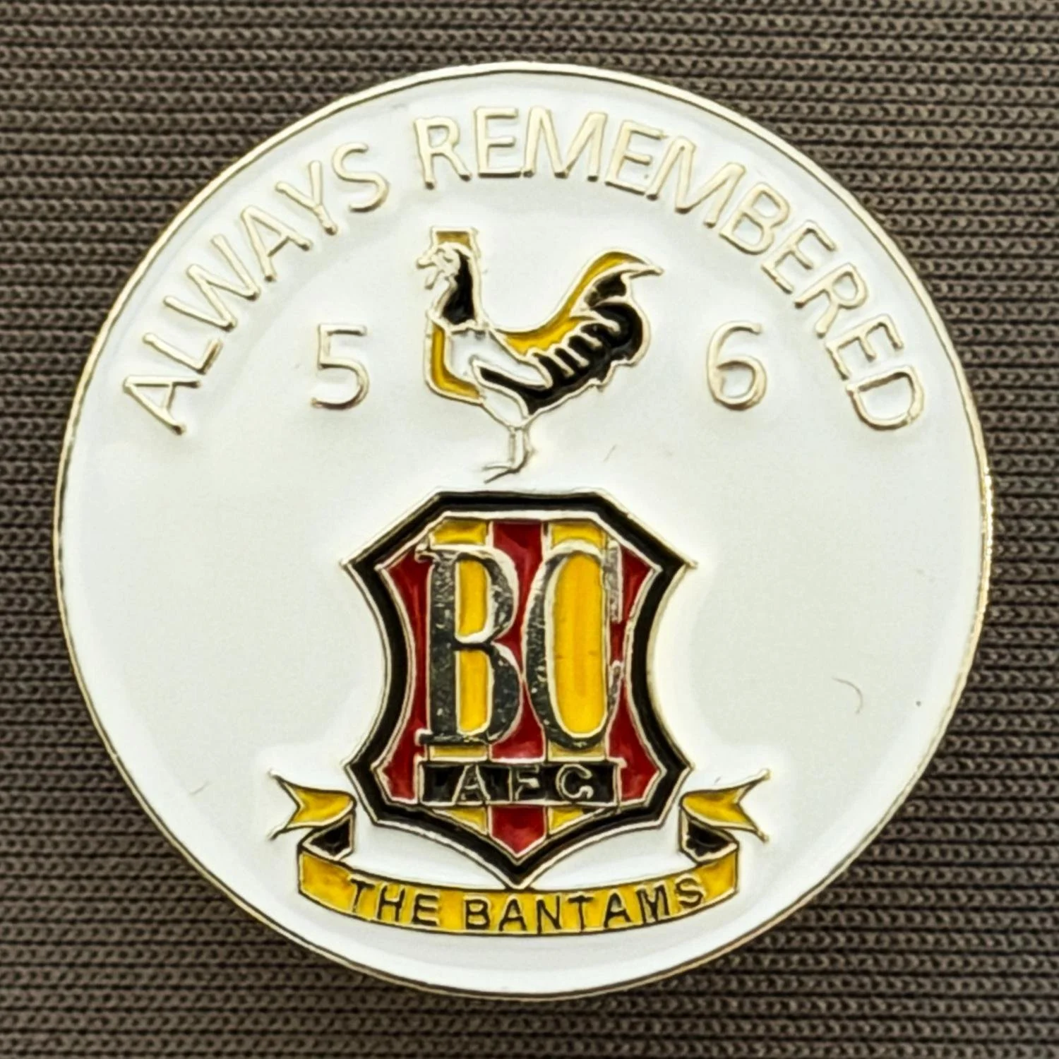Reference Number: BCFIR026
Size: D 24.8 mm
Pin Type: Metal Clutch
Plating: Silver
Value: £6
Manufacturer: Unknown
Comments: Always Remembered 56, Bantams Logo