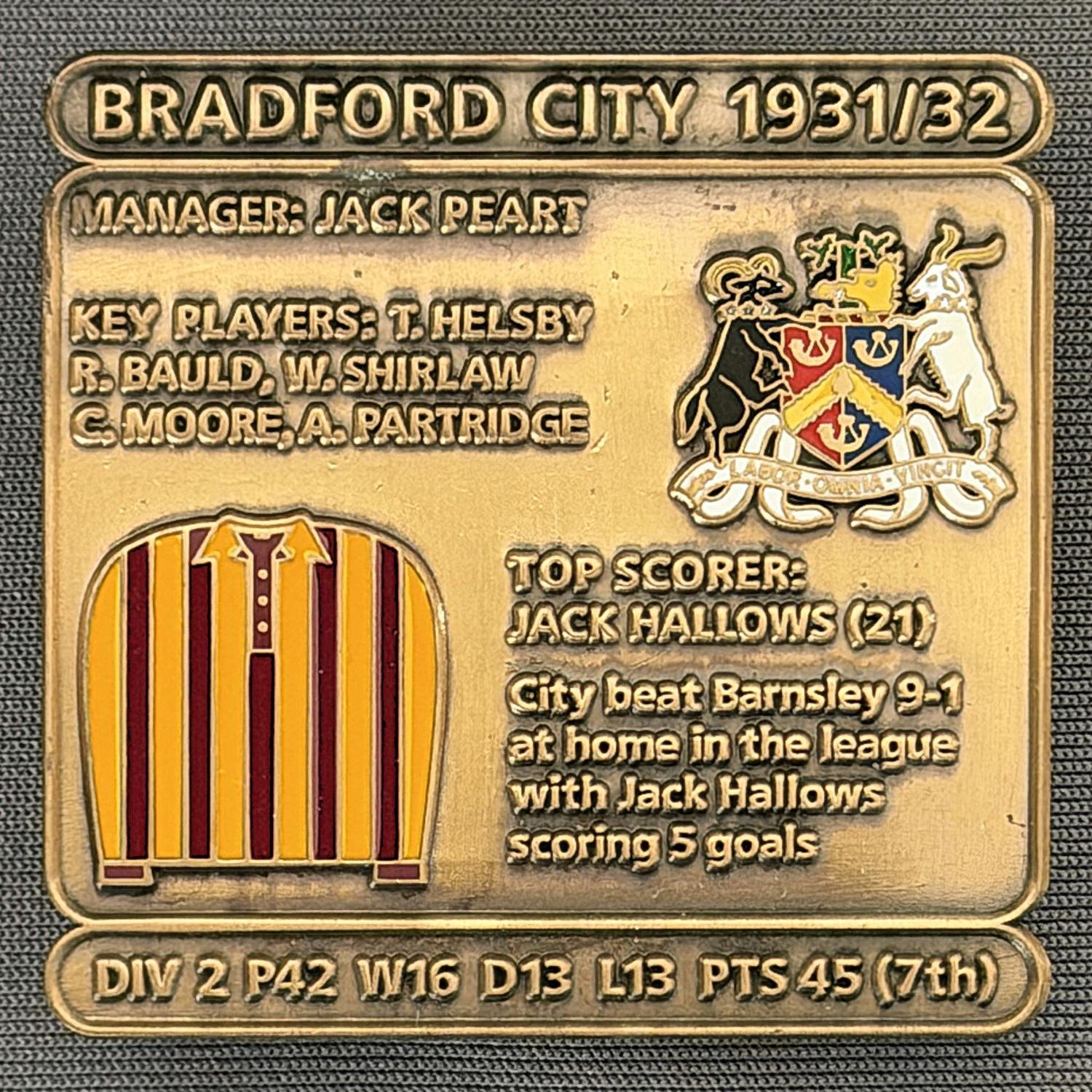 Reference Number: BCDEC058
Size: H 41.1 mm x W 42 mm
Pin Type: Double Metal Clutch
Plating: Antique Gold
Value: £8
Manufacturer: Historic Sports Badges Ltd
Comments: 1931/32 Season