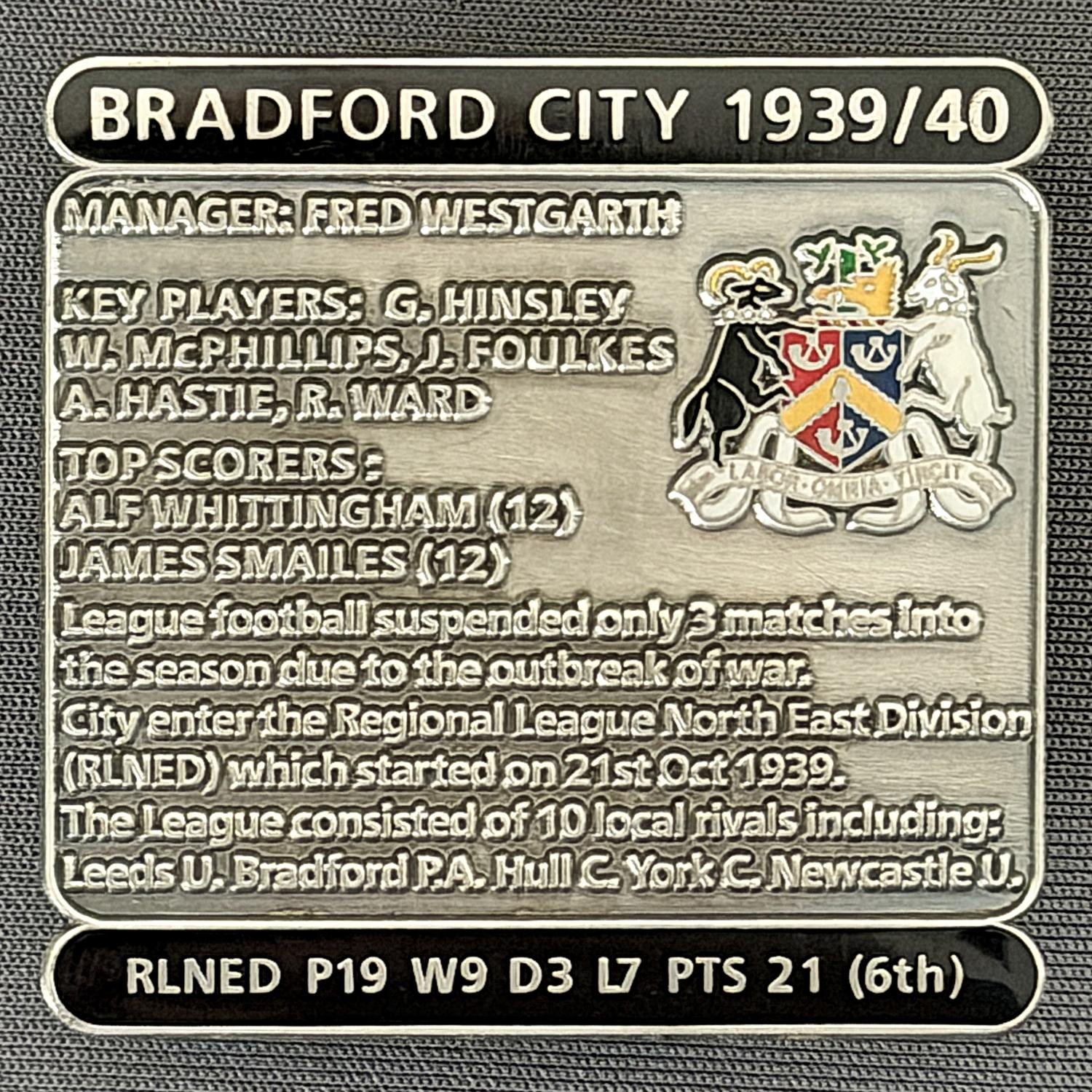 Reference Number: BCDEC076
Size: H 41.1 mm x W 42 mm
Pin Type: Double Metal Clutch
Plating: Antique Silver
Value: £8
Manufacturer: Historic Sports Badges Ltd
Comments: 1939/40 Season. World War 2 Commences