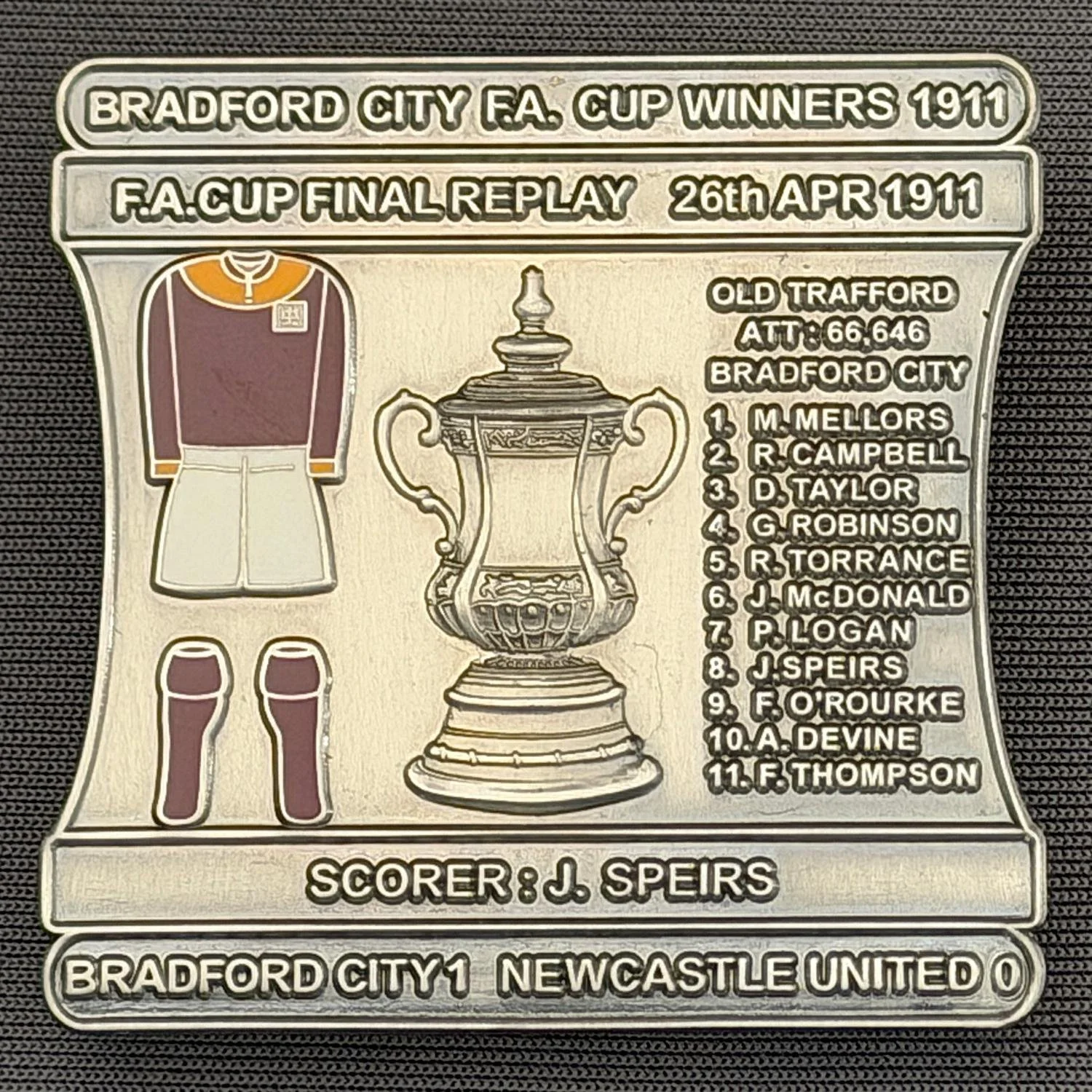 Reference Number: BCFAC009
Size: H 41.8 mm x W 42.2 mm
Pin Type: Double Metal Clutch
Plating: Antique Silver
Value: £12
Manufacturer: Bradford City Badges
Comments: 1911 F.A. Cup Final Replay v Newcastle United, Limited Edition of 30