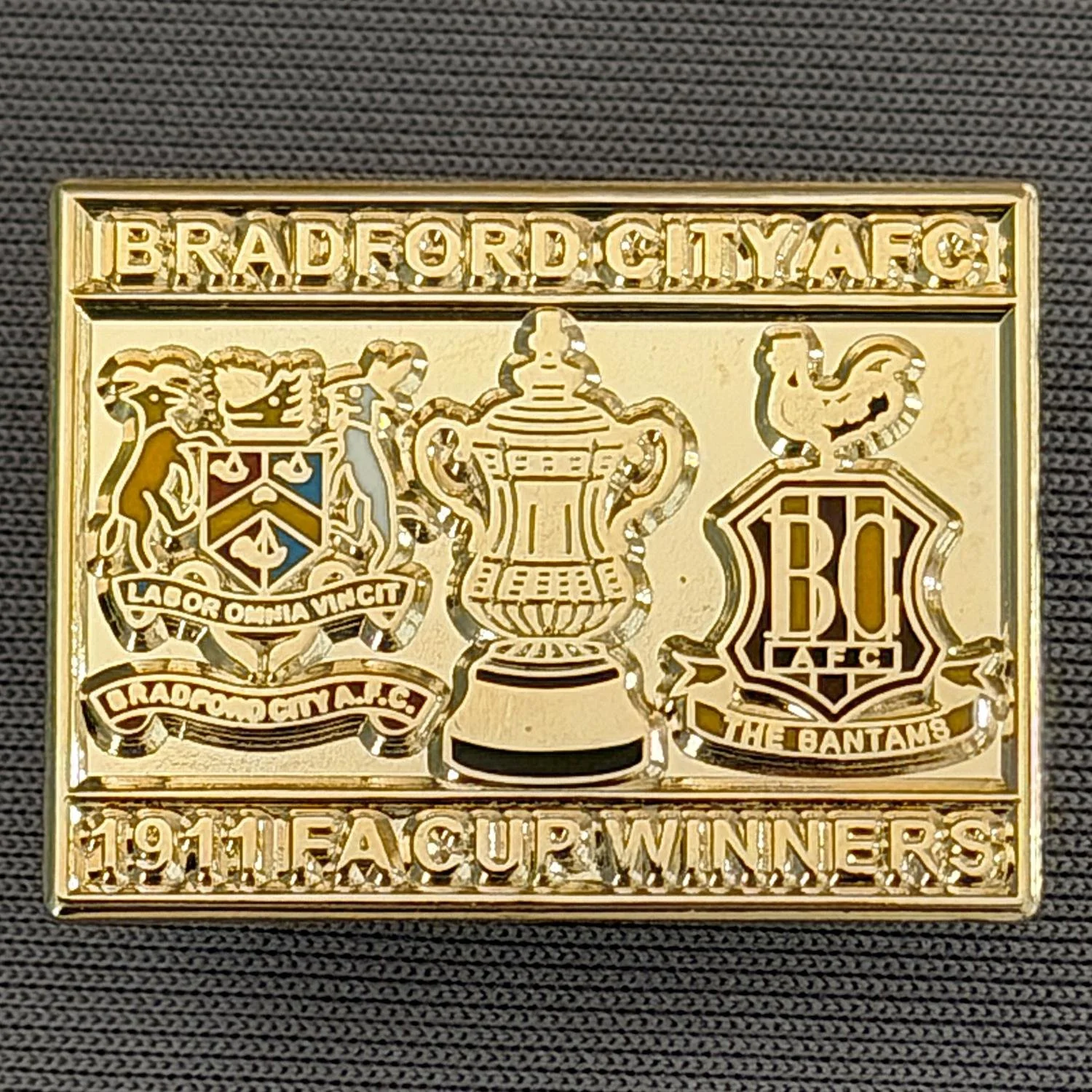 Reference Number: BCFAC043
Size: H 20.4 mm x W 26.8 mm
Pin Type: Metal Clutch
Plating: Gold
Value: £5
Manufacturer: Dan Lloyd
Comments: Bradford City 1911 F.A. Cup Winners, Gold Version, Enamel Logos