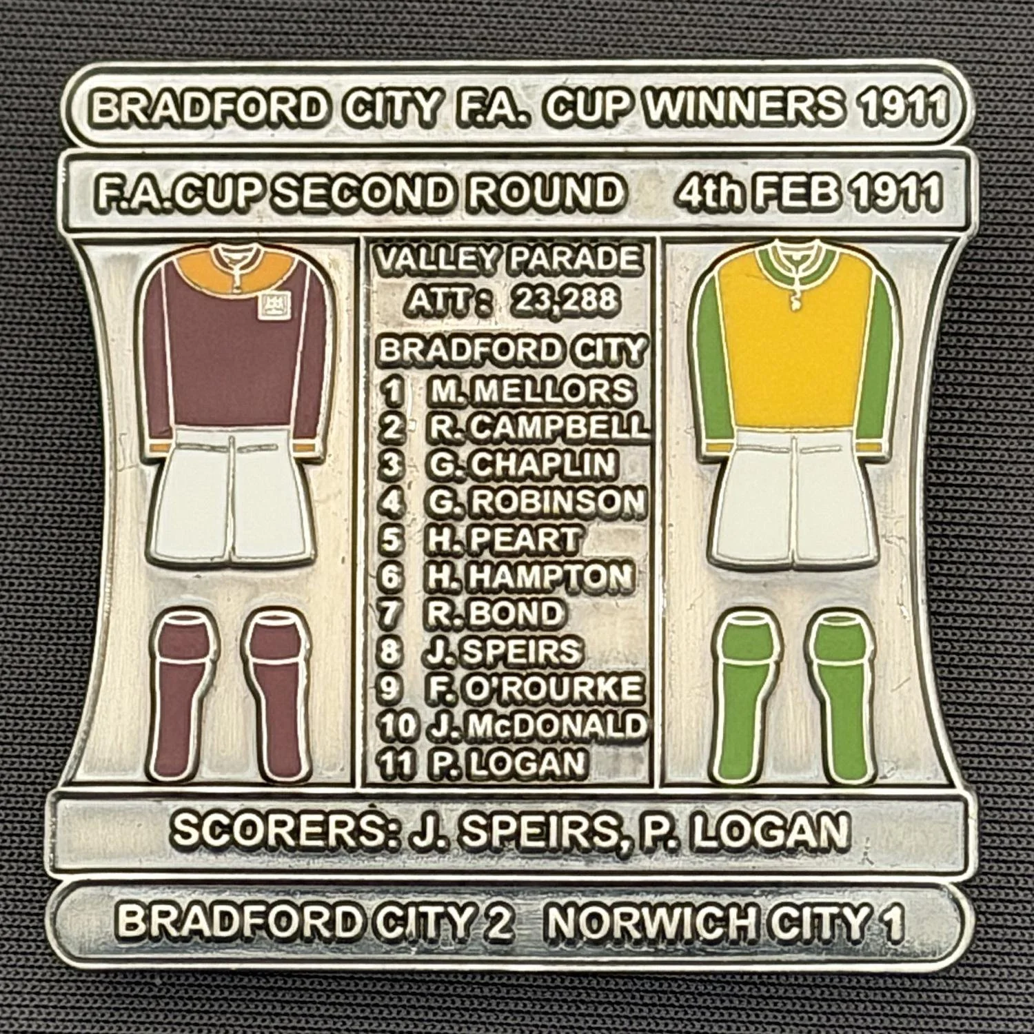 Reference Number: BCFAC004
Size: H 41.8 mm x W 42.2 mm
Pin Type: Double Metal Clutch
Plating: Antique Silver
Value: £12
Manufacturer: Bradford City Badges
Comments: 1911 F.A. Cup Second Round v Norwich City, Limited Edition of 30