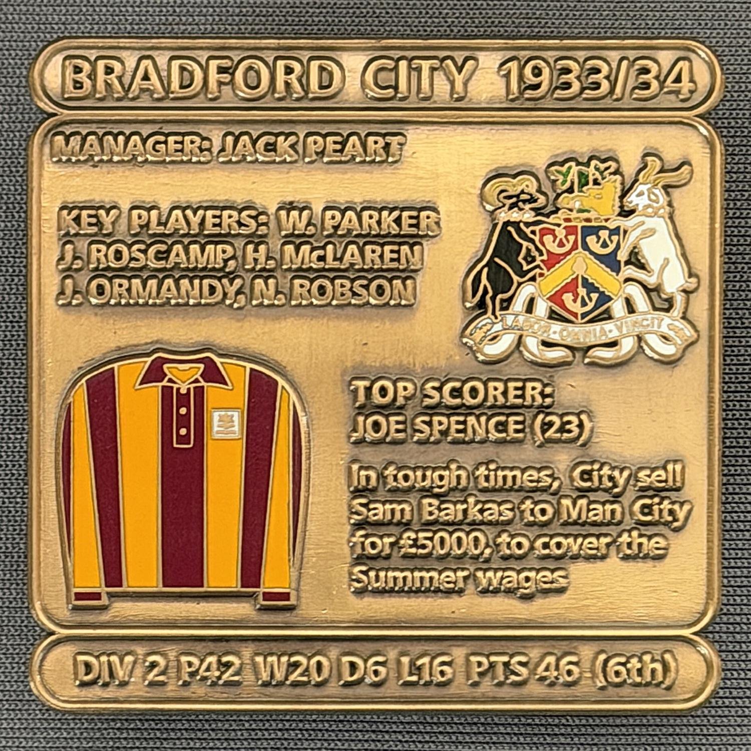 Reference Number: BCDEC060
Size: H 41.1 mm x W 42 mm
Pin Type: Double Metal Clutch
Plating: Antique Gold
Value: £8
Manufacturer: Historic Sports Badges Ltd
Comments: 1933/34 Season