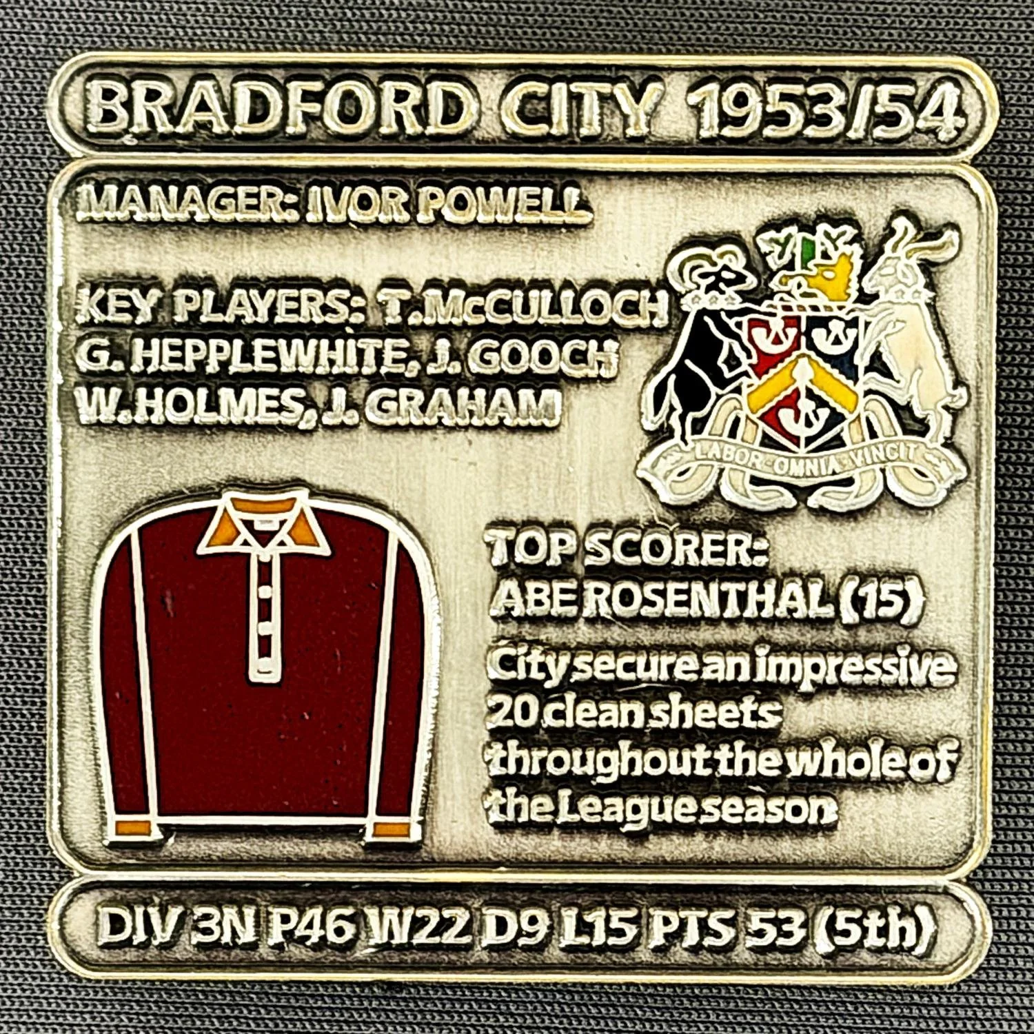 Reference Number: BCDEC110
Size: H 41.1 mm x W 42 mm
Pin Type: Double Metal Clutch
Plating: Antique Silver
Value: £8
Manufacturer: Historic Sports Badges Ltd
Comments: 1953/54 Season