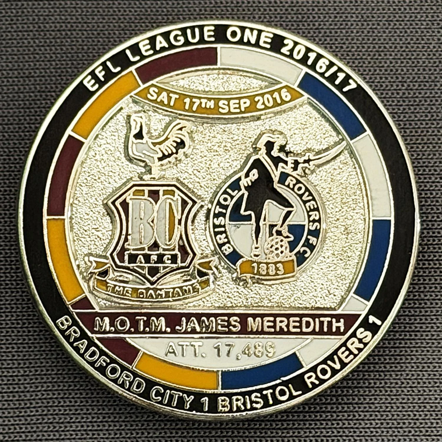 Reference Number: BCFIX395
Size: D 29.4 mm
Pin Type: Brooch Pin
Plating: Nickel
Value: £10
Manufacturer: Bradford City Badges
Comments: Bradford City v Bristol Rovers 2016/17, Limited Edition of 10 Badges (Nickel Version)