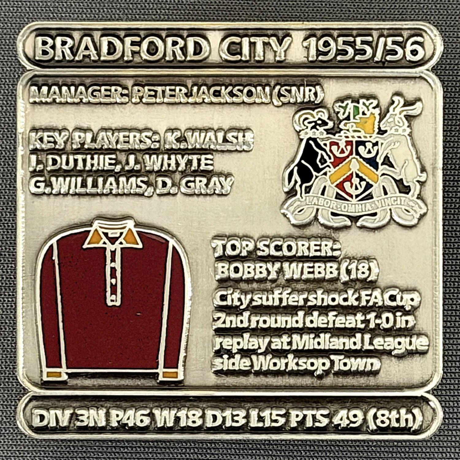 Reference Number: BCDEC112
Size: H 41.1 mm x W 42 mm
Pin Type: Double Metal Clutch
Plating: Antique Silver
Value: £8
Manufacturer: Historic Sports Badges Ltd
Comments: 1955/56 Season