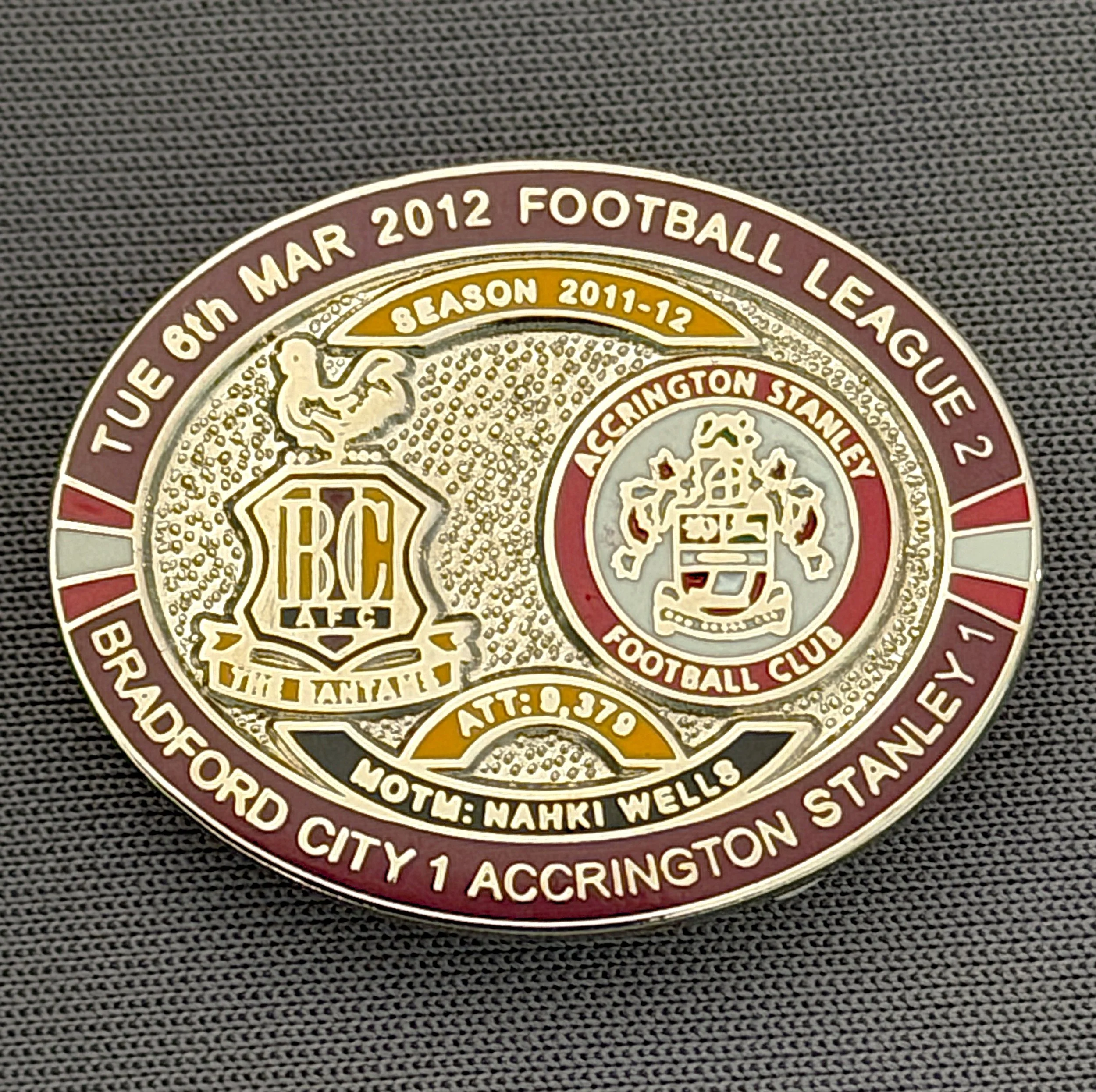 Reference Number: BCFIX109
Size: H 23.6 mm x W 28.7 mm
Pin Type: Brooch Pin
Plating: Silver
Value: £10
Manufacturer: Bradford City Badges
Comments: Bradford City v Accrington Stanley  2011/12 Limited Edition 20 Badges (Silver Version)