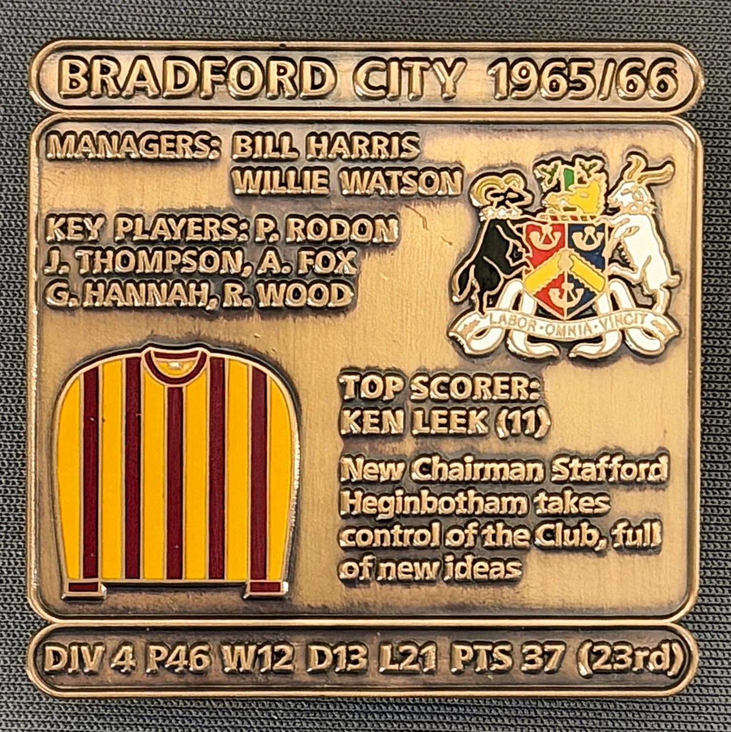 Reference Number: BCDEC122
Size: H 41.1 mm x W 42 mm
Pin Type: Double Metal Clutch
Plating: Antique Gold
Value: £8
Manufacturer: Historic Sports Badges Ltd
Comments: 1965/66 Season