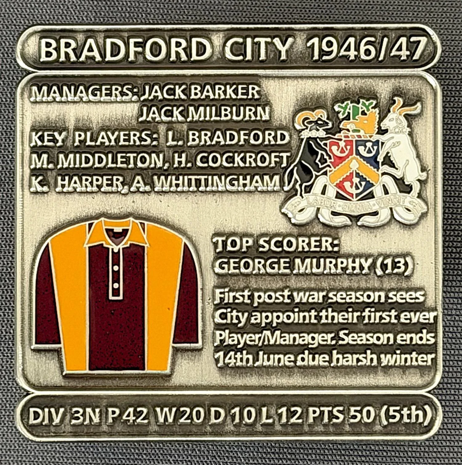 Reference Number: BCDEC093
Size: H 41.1 mm x W 42 mm
Pin Type: Double Metal Clutch
Plating: Antique Silver
Value: £8
Manufacturer: Historic Sports Badges Ltd
Comments: 1946/47 Season