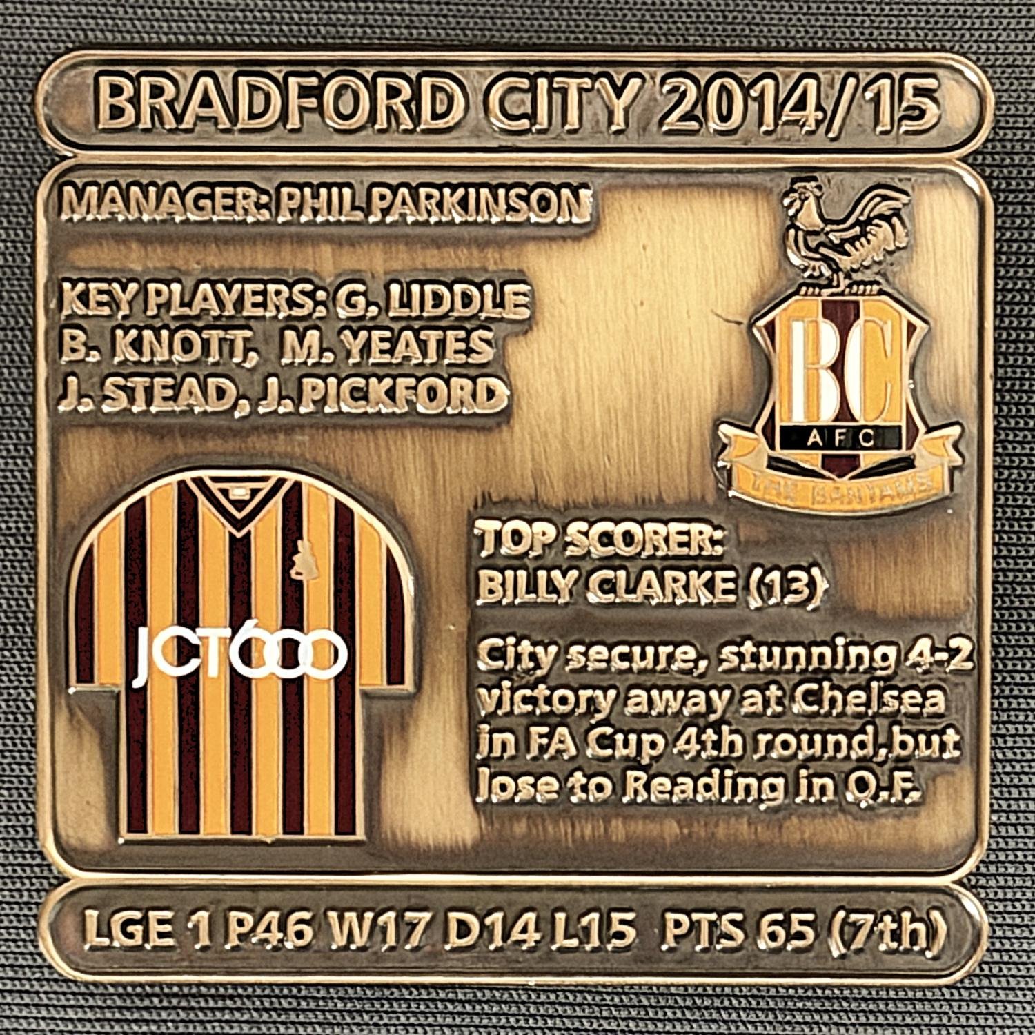 Reference Number: BCDEC221
Size: H 41.1 mm x W 42 mm
Pin Type: Double Metal Clutch
Plating: Antique Gold
Value: £8
Manufacturer: Historic Sports Badges Ltd
Comments: 2014/15 Season