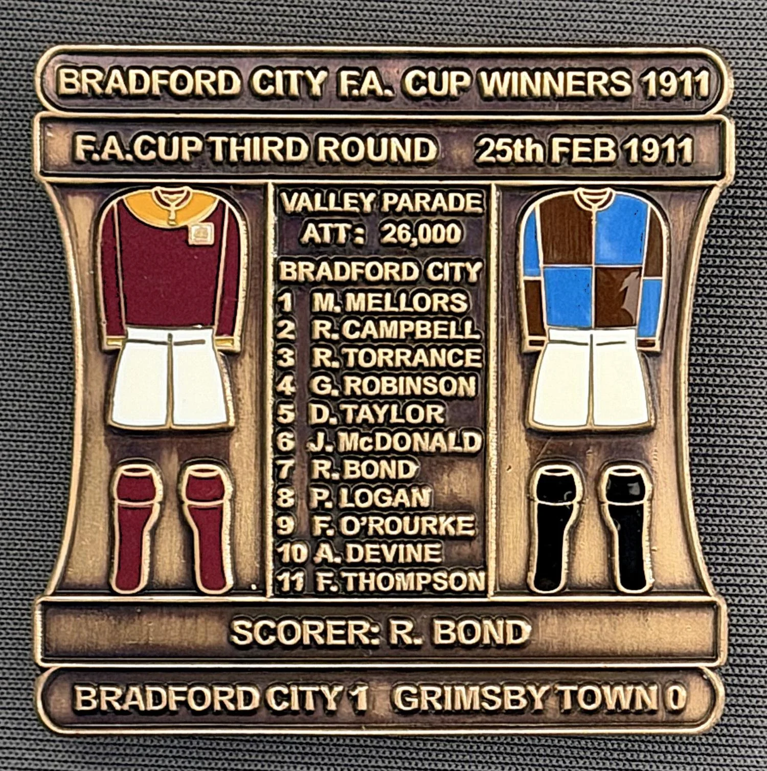 Reference Number: BCFAC012
Size: H 41.8 mm x W 42.2 mm
Pin Type: Double Metal Clutch
Plating: Antique Gold
Value: £15
Manufacturer: Bradford City Badges
Comments: 1911 F.A. Cup Third Round v Grimsby, Limited Edition of 1