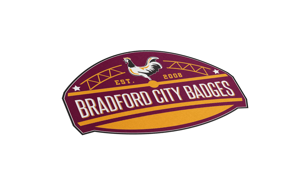 Bradford City Badges logo featuring a rooster, city bridge, and text 'Est. 2008 Bradford City Badges' on a maroon and gold background.