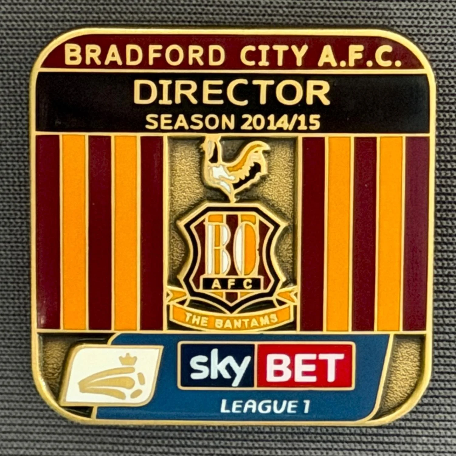 Reference Number: BCDIR007
Size: H 28.8 mm x W 28.5 mm
Pin Type: Brooch Pin
Plating: Antique Bronze
Value: £30
Manufacturer: Bradford City Badges
Comments: Worn by Associate Directors