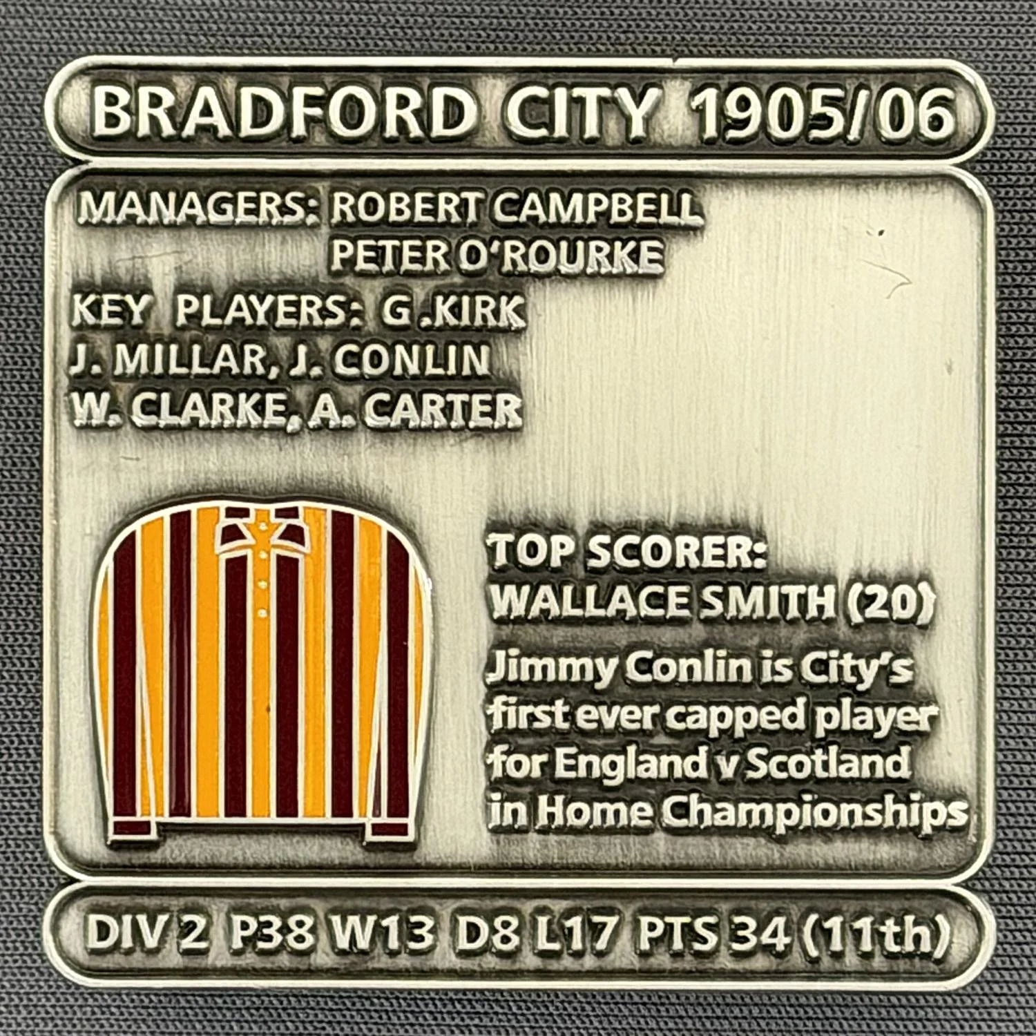 Reference Number: BCDEC012
Size: H 41.1 mm x W 42 mm
Pin Type: Double Metal Clutch
Plating: Antique Silver
Value: £8
Manufacturer: Historic Sports Badges Ltd
Comments: 1905/05 Season