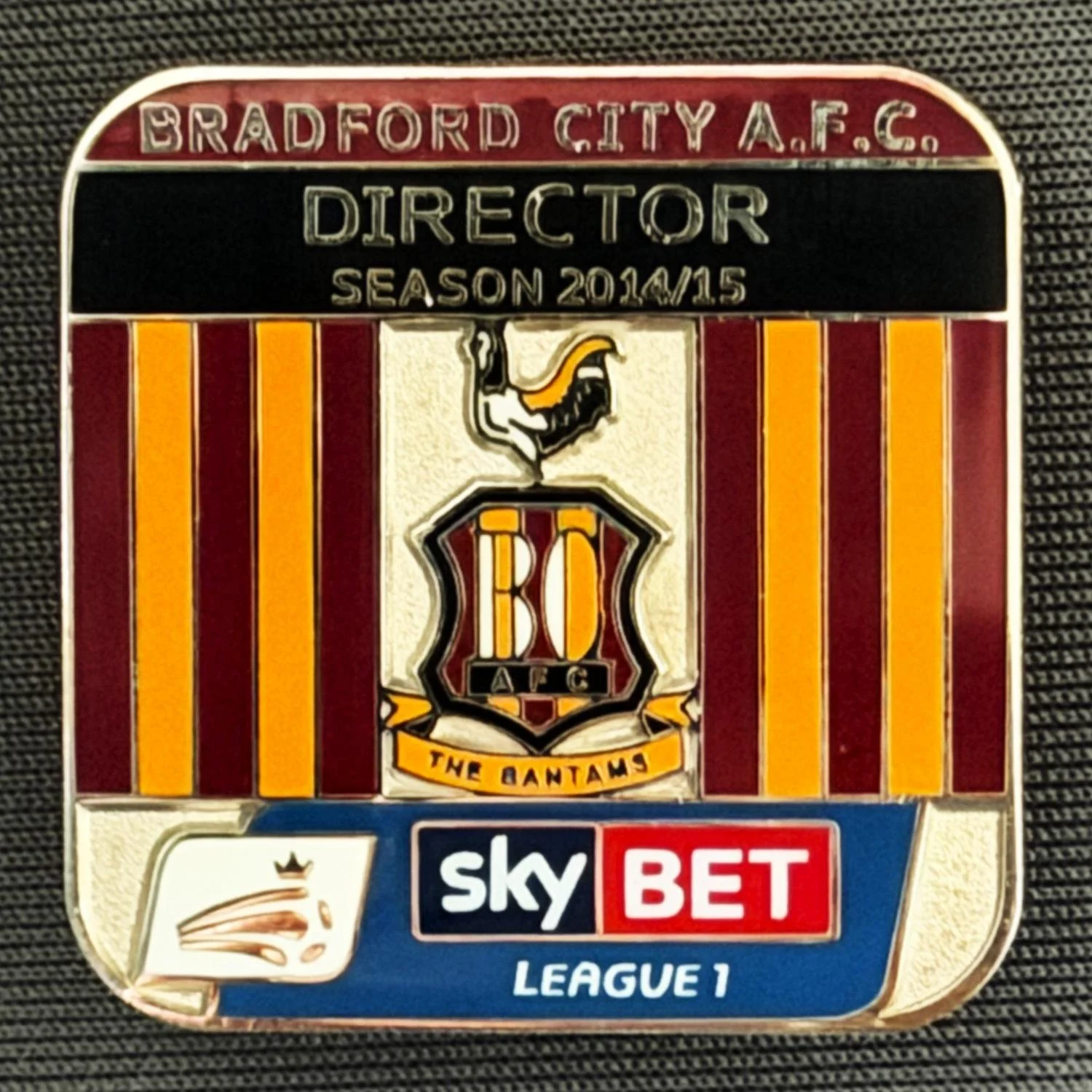 Reference Number: BCDIR006
Size: H 28.8 mm x W 28.5 mm
Pin Type: Brooch Pin
Plating: Nickel
Value: £40
Manufacturer: Bradford City Badges
Comments: Worn by C.E.O. & Directors