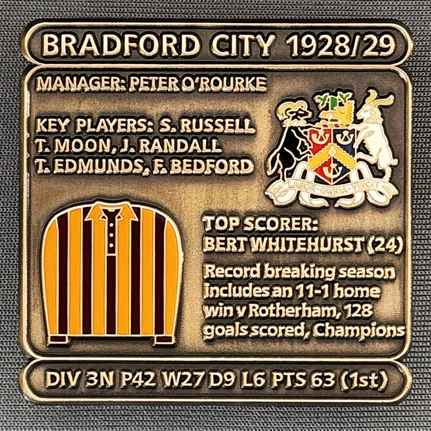 Reference Number: BCDEC045
Size: H 41.1 mm x W 42 mm
Pin Type: Double Metal Clutch
Plating: Antique Gold
Value: £8
Manufacturer: Historic Sports Badges Ltd
Comments: 1928/29 Season