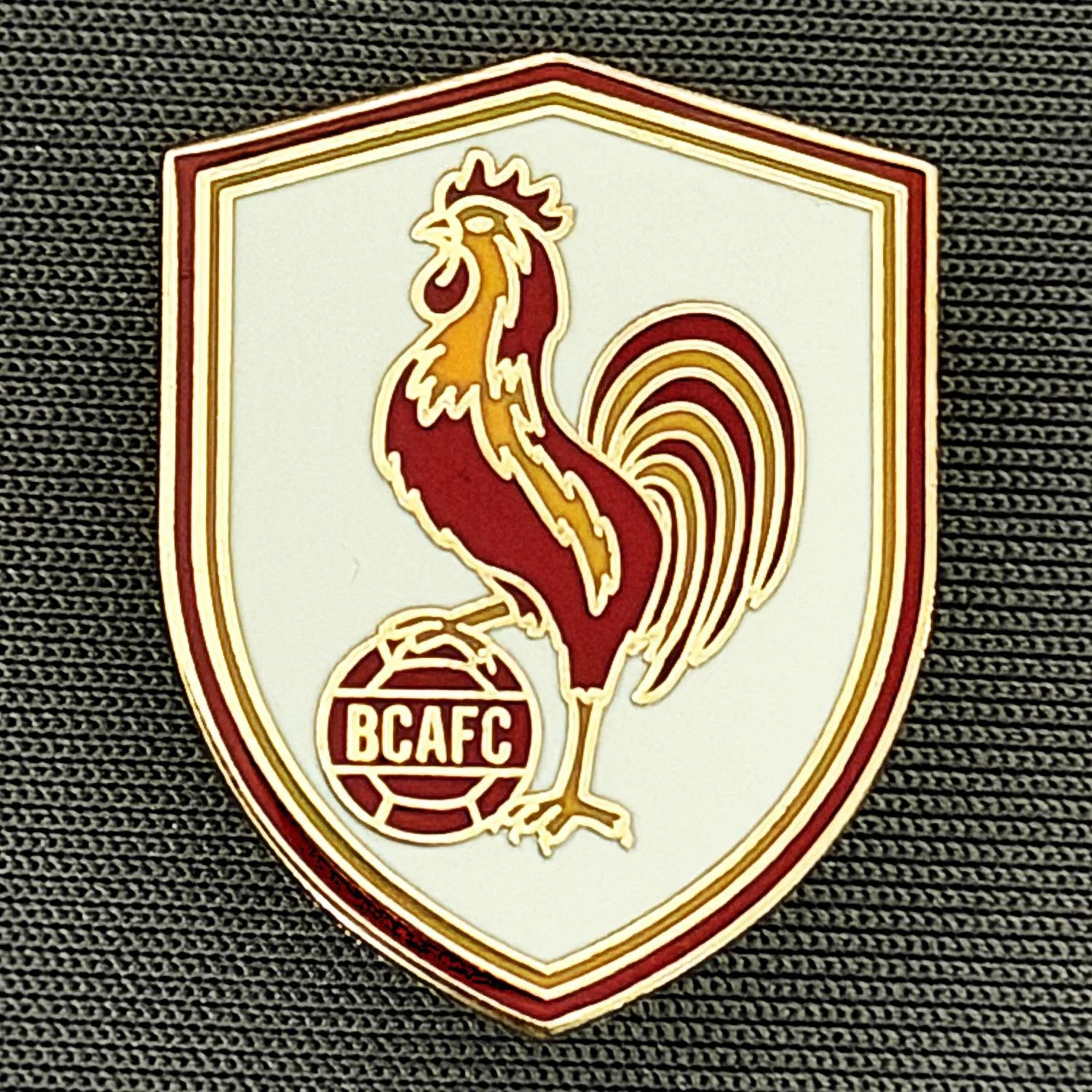 Reference Number: BCBAN085
Size: H 24.5 mm x W 19.3 mm
Pin Type: Brooch Pin
Plating: Gold
Value: £4
Manufacturer: Guy Badge Stall
Comments: White Bantam Ball Shield 2026