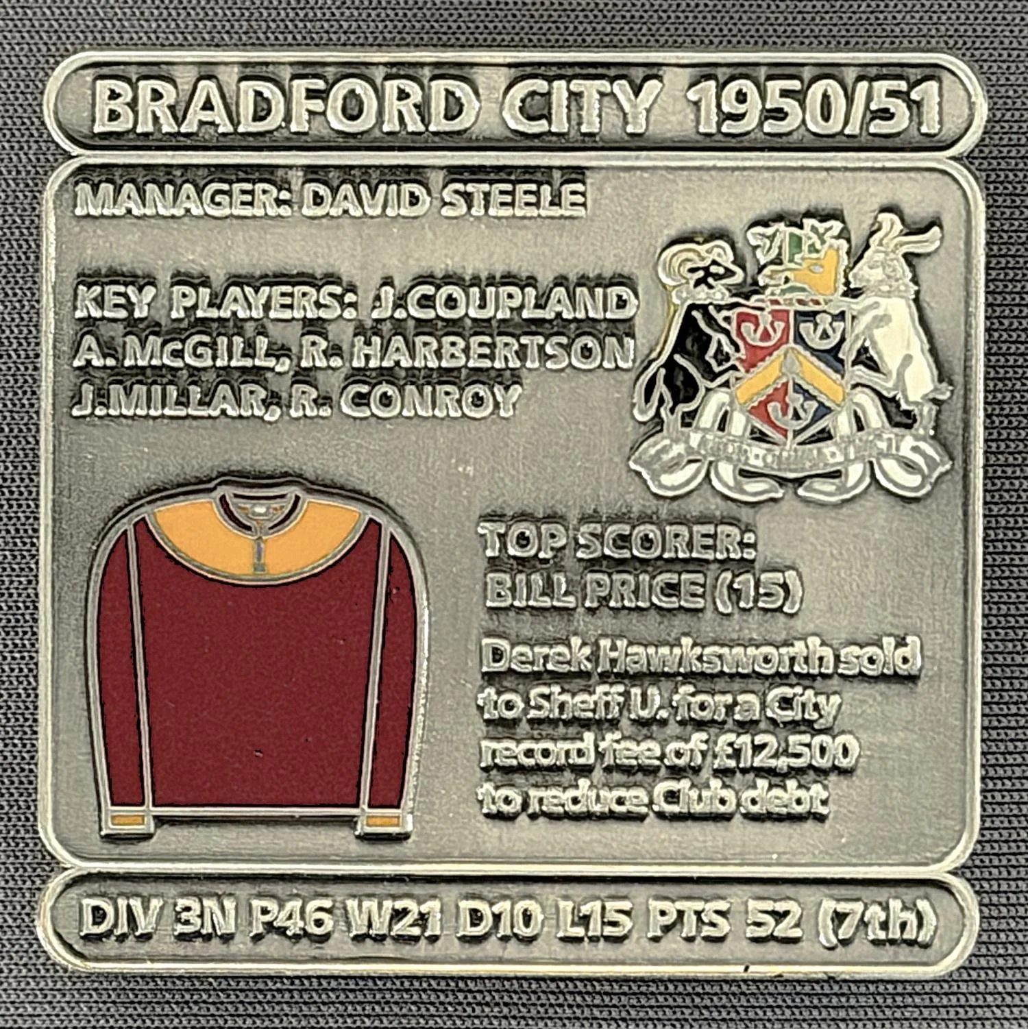 Reference Number: BCDEC107
Size: H 41.1 mm x W 42 mm
Pin Type: Double Metal Clutch
Plating: Antique Silver
Value: £8
Manufacturer: Historic Sports Badges Ltd
Comments: 1950/51 Season