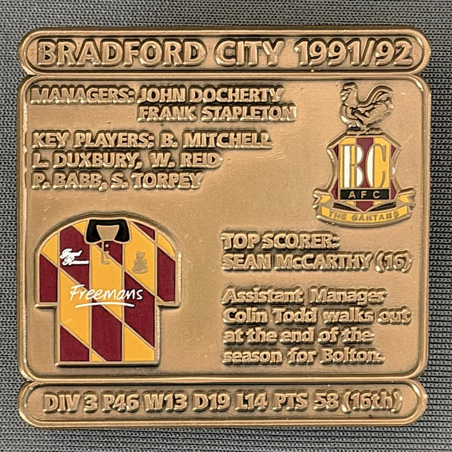 Reference Number: BCDEC178
Size: H 41.1 mm x W 42 mm
Pin Type: Double Metal Clutch
Plating: Antique Gold
Value: £8
Manufacturer: Historic Sports Badges Ltd
Comments: 1991/92 Season