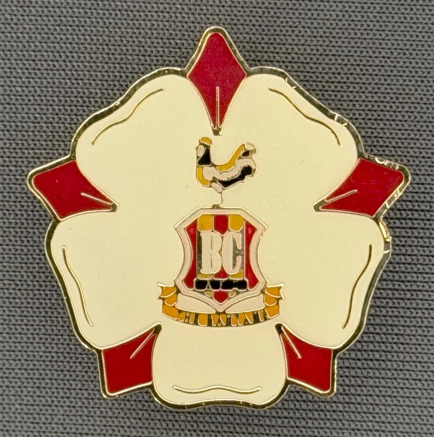 Reference Number: BCYR026
Size: H 25.5 mm x W 25.5 mm
Pin Type: Brooch Pin
Plating: Gold
Value: £6
Manufacturer: Unknown
Comments: Red & White Yorkshire Rose City Logo. Plastic Domed.