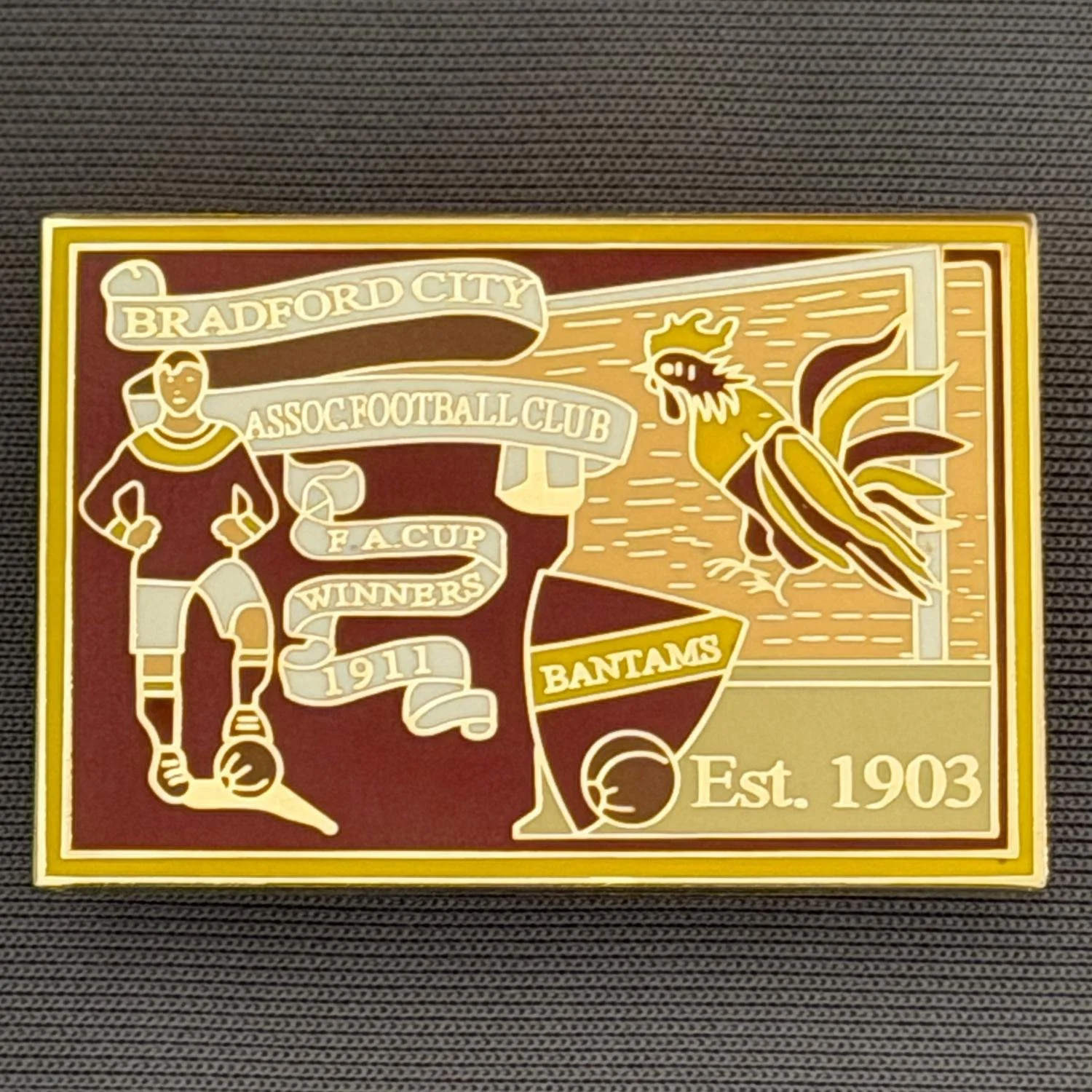 Reference Number: BCFAC026
Size: H 26.4 mm x W 38.4 mm
Pin Type: Double Metal Clutch
Plating: Gold
Value: £6
Manufacturer: Unknown
Comments: Bradford City Cup Winners 1911, Claret, Amber & White Version Version