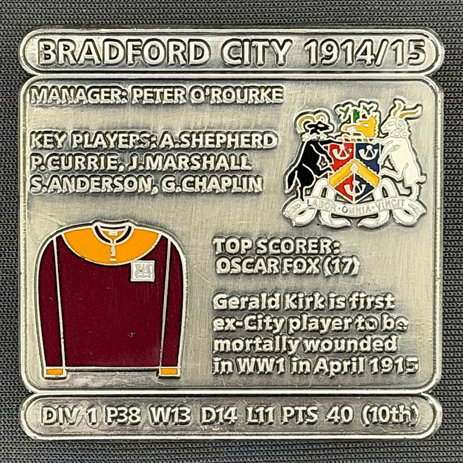 Reference Number: BCDEC031
Size: H 41.1 mm x W 42 mm
Pin Type: Double Metal Clutch
Plating: Antique Silver
Value: £8
Manufacturer: Historic Sports Badges Ltd
Comments: 1914/15 Season 