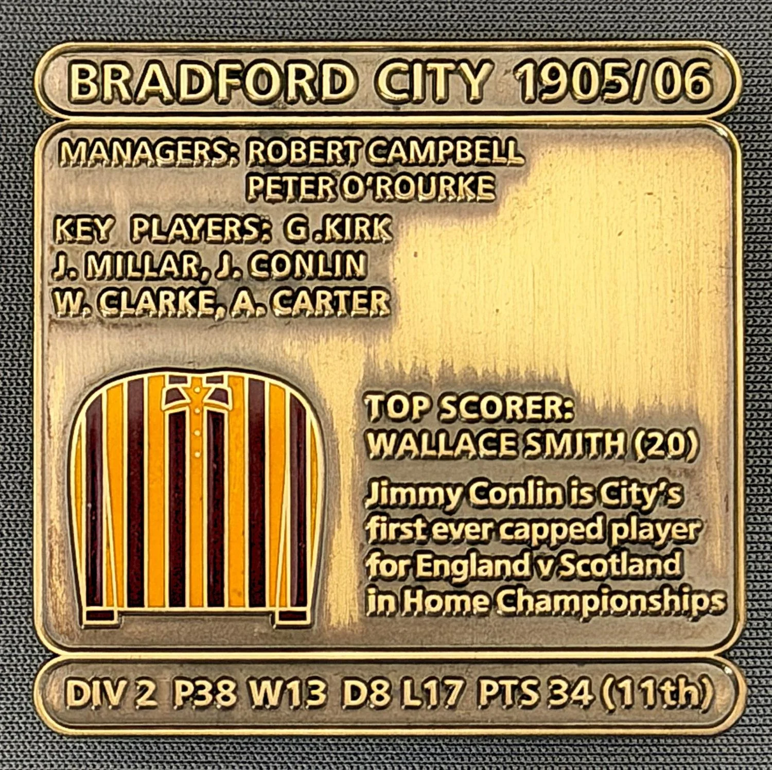 Reference Number: BCDEC004
Size: H 41.1 mm x W 42 mm
Pin Type: Double Metal Clutch
Plating: Antique Gold
Value: £8
Manufacturer: Historic Sports Badges Ltd
Comments: 1905/06 Season
