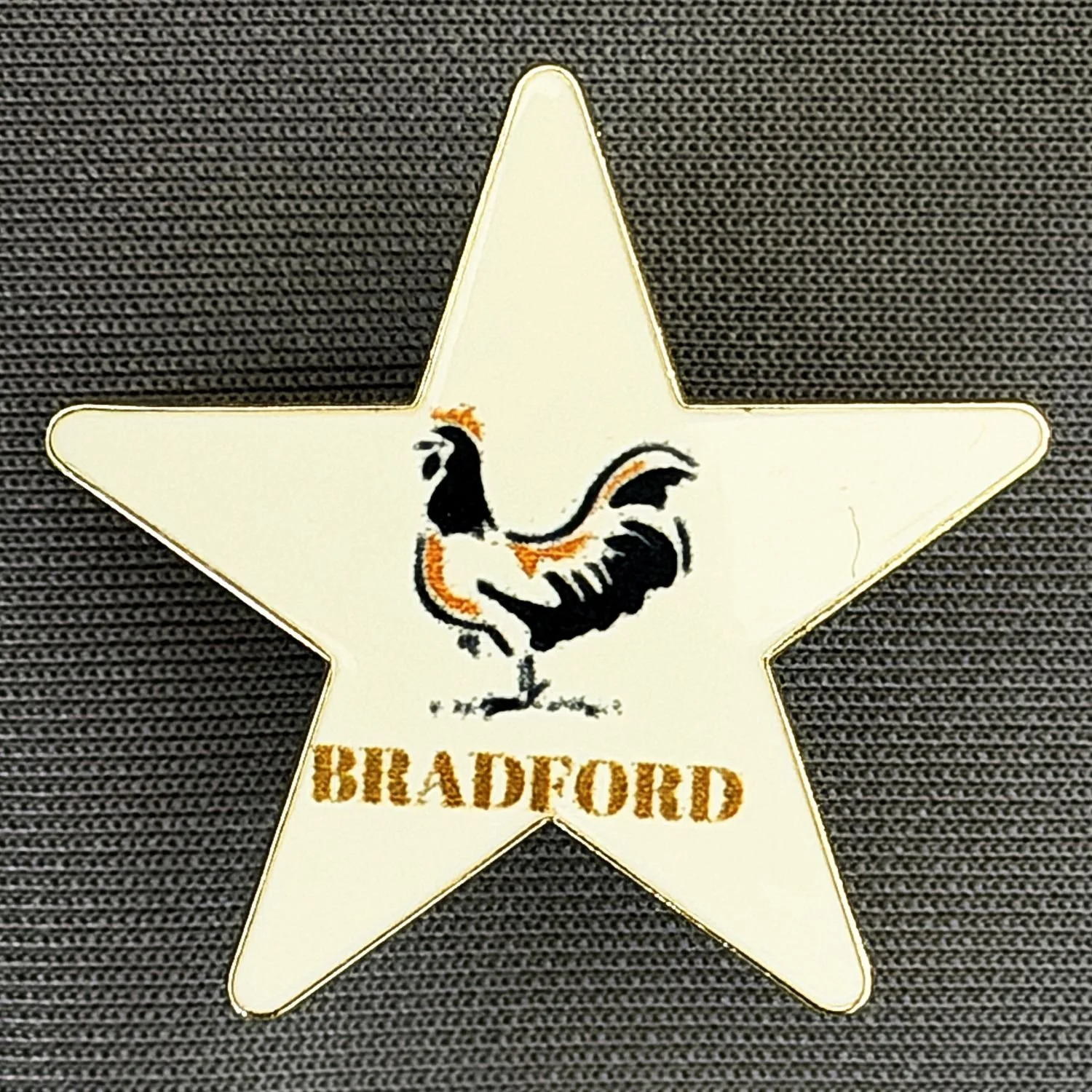 Reference Number: BCBAN091
Size: H 25 mm x W 22.1 mm
Pin Type: Metal Clutch
Plating: Silver
Value: £6
Manufacturer: Artgraph
Comments: White Bantam Star