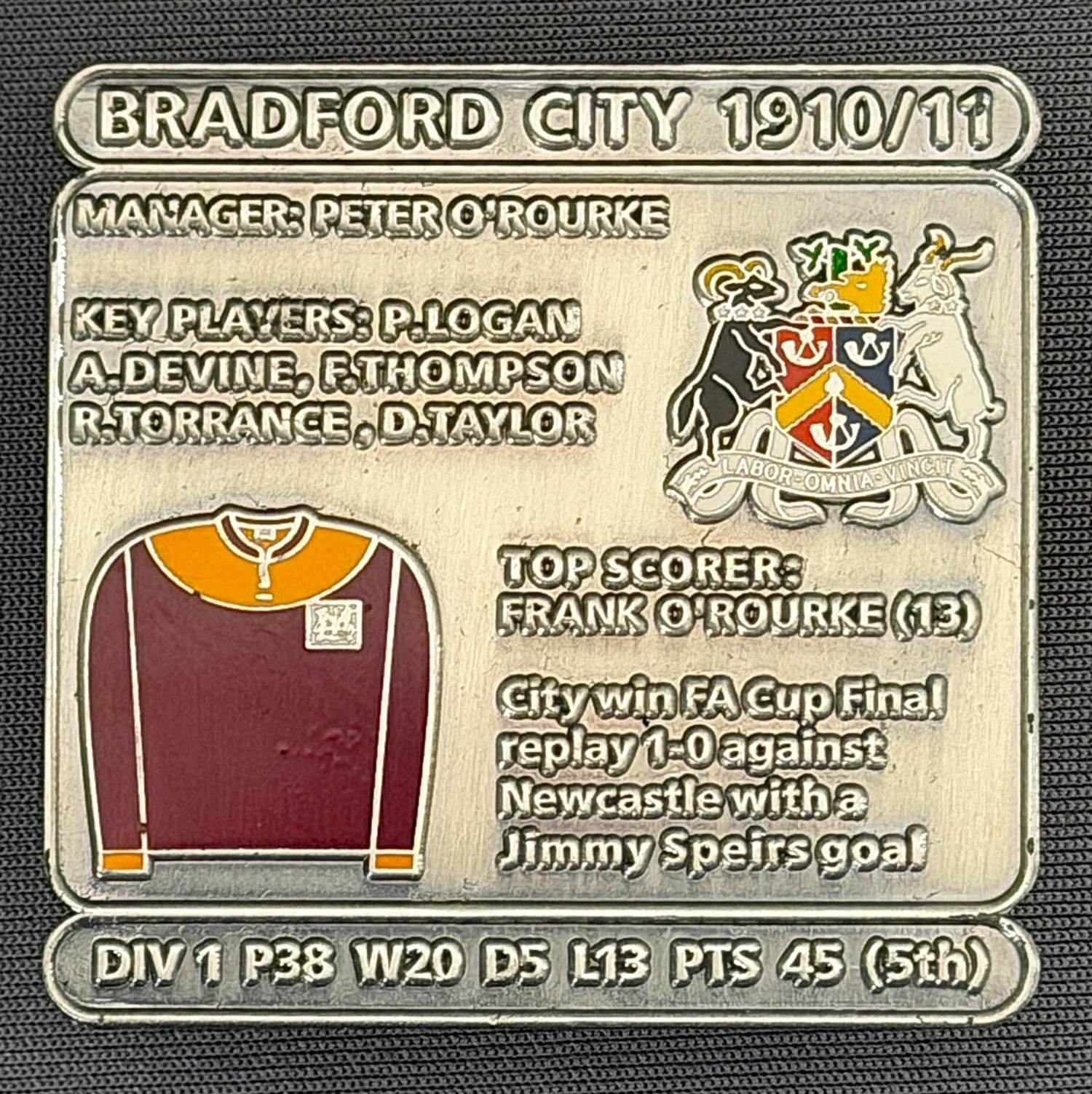Reference Number: BCDEC027
Size: H 41.1 mm x W 42 mm
Pin Type: Double Metal Clutch
Plating: Antique Silver
Value: £8
Manufacturer: Historic Sports Badges Ltd
Comments: 1910/11 Season City Win F.A. Cup