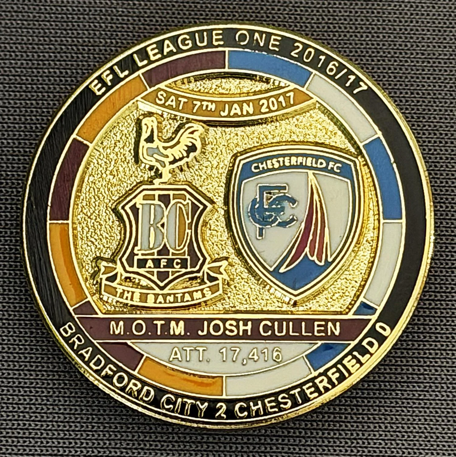 Reference Number: BCFIX382
Size: D 29.4 mm
Pin Type: Brooch Pin
Plating: Gold
Value: £8
Manufacturer: Bradford City Badges
Comments: Bradford City v Chesterfield 2015/16, Limited Edition of 50 Badges (Gold Version)